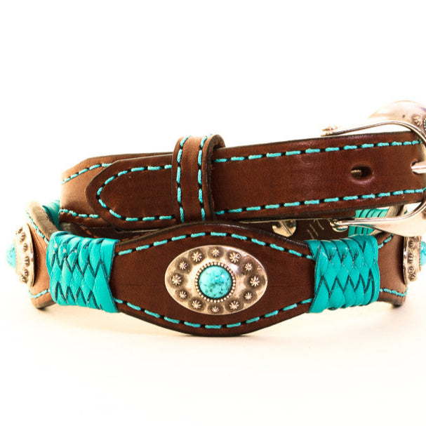 Brown leather dog collar with turquoise braided design and decorative elements on a white background