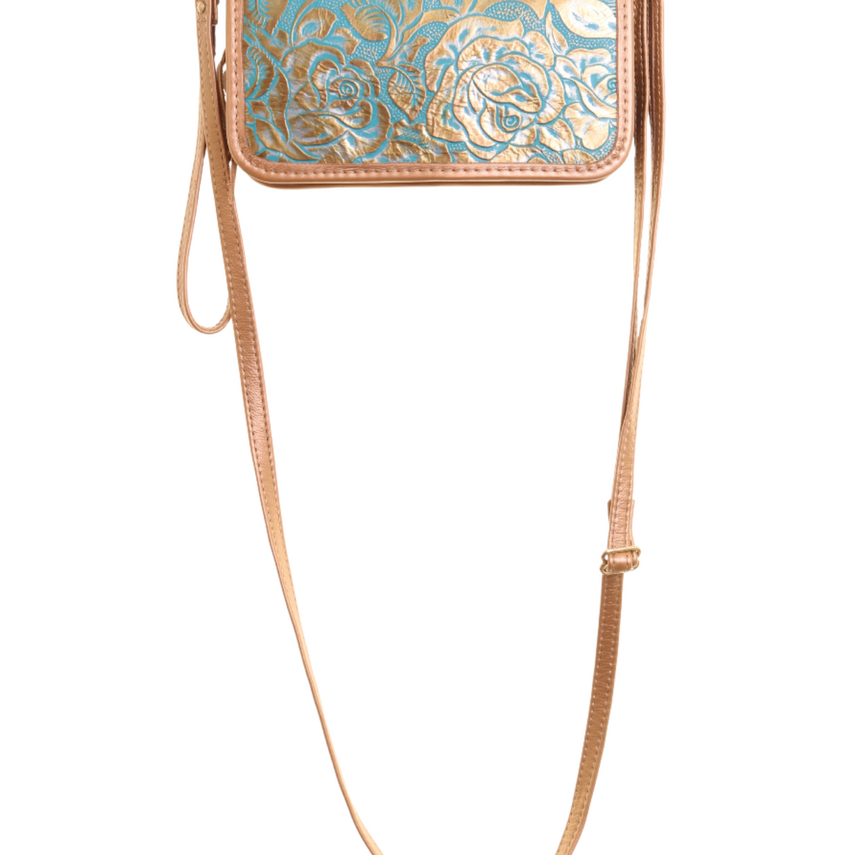 Small pouch with floral pattern and rose gold strap on a white background