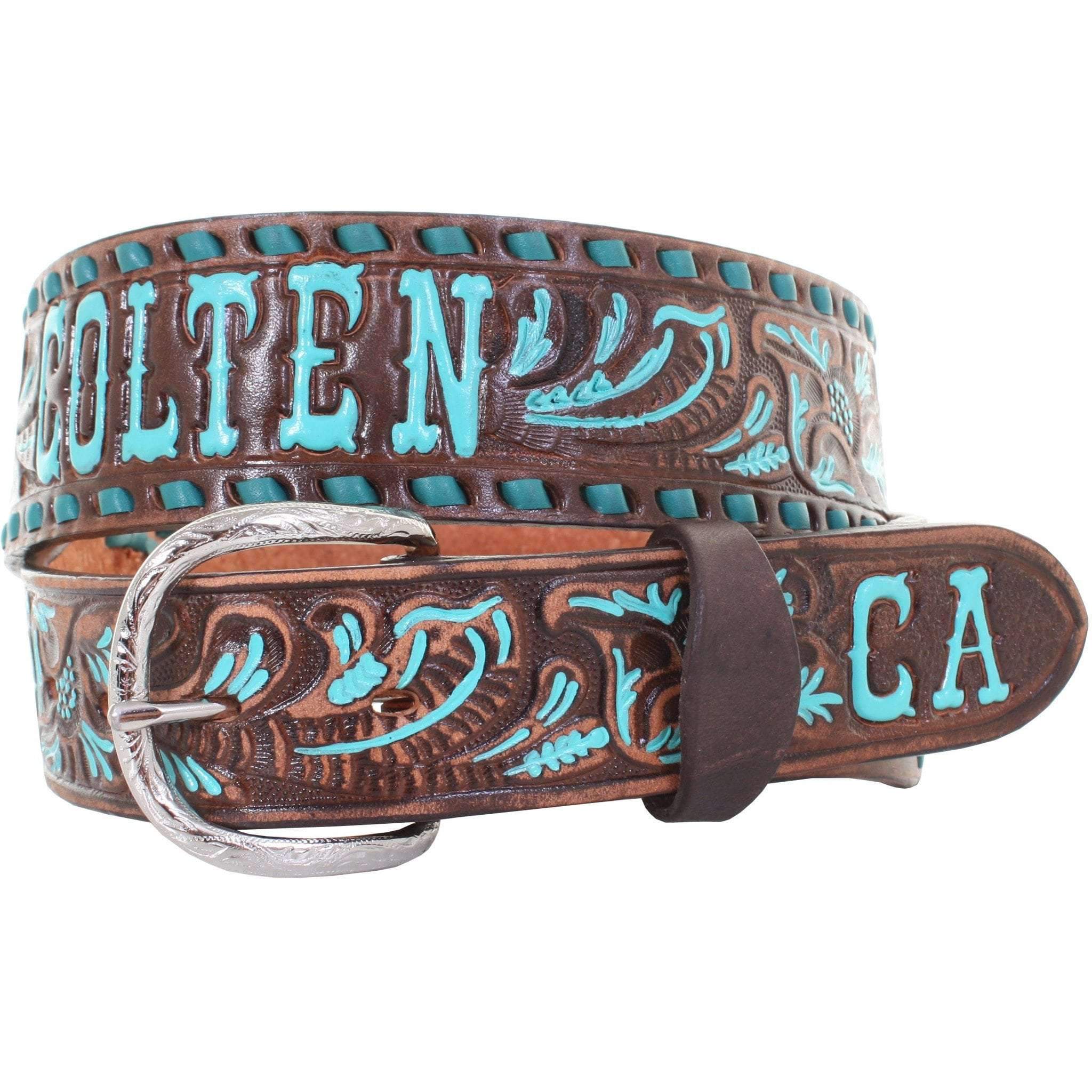 B086SB - FAST SHIP Brown Vintage Tooled Belt with Initials - Double J Saddlery
