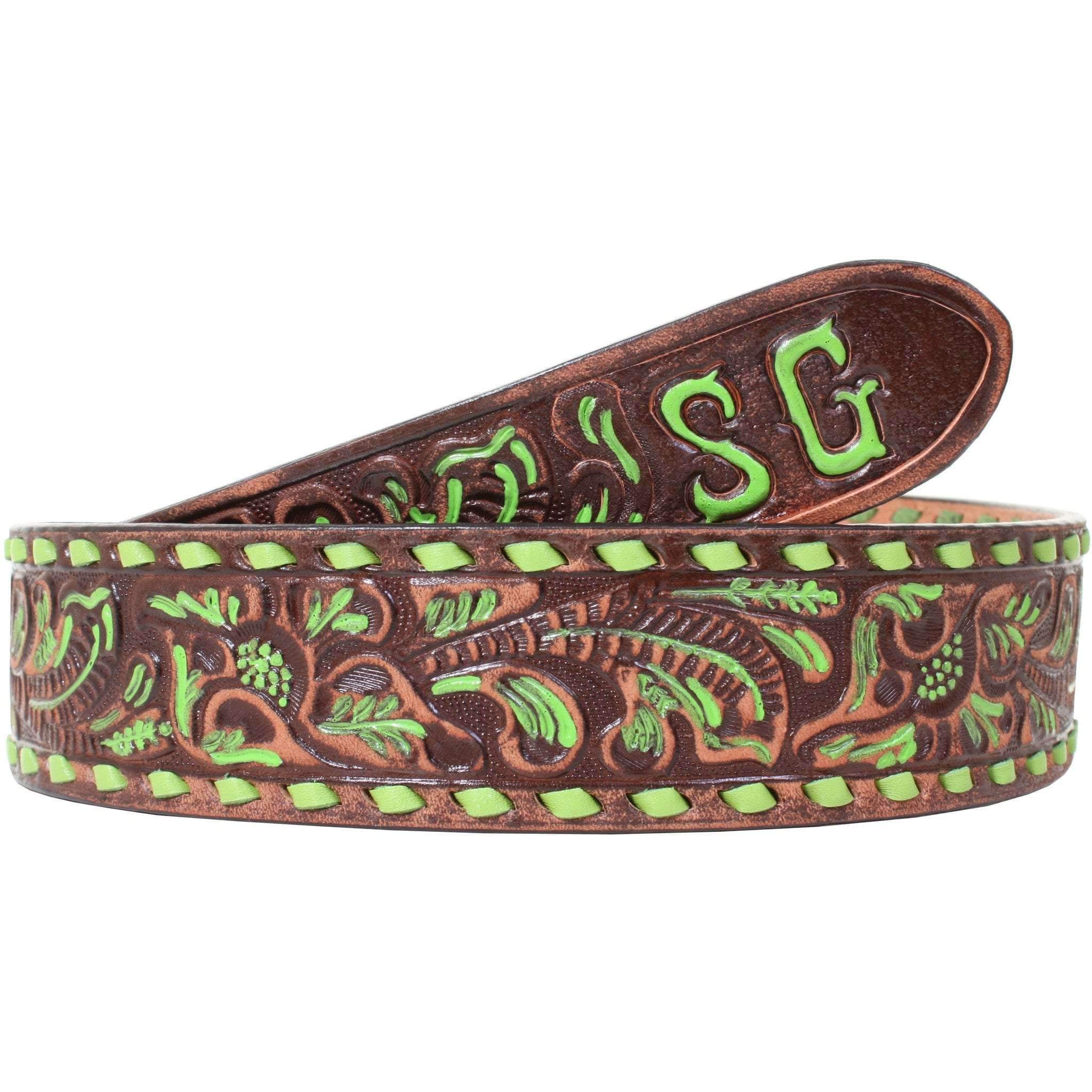 B086SD - FAST SHIP Brown Vintage Tooled Belt with Initials - Double J Saddlery