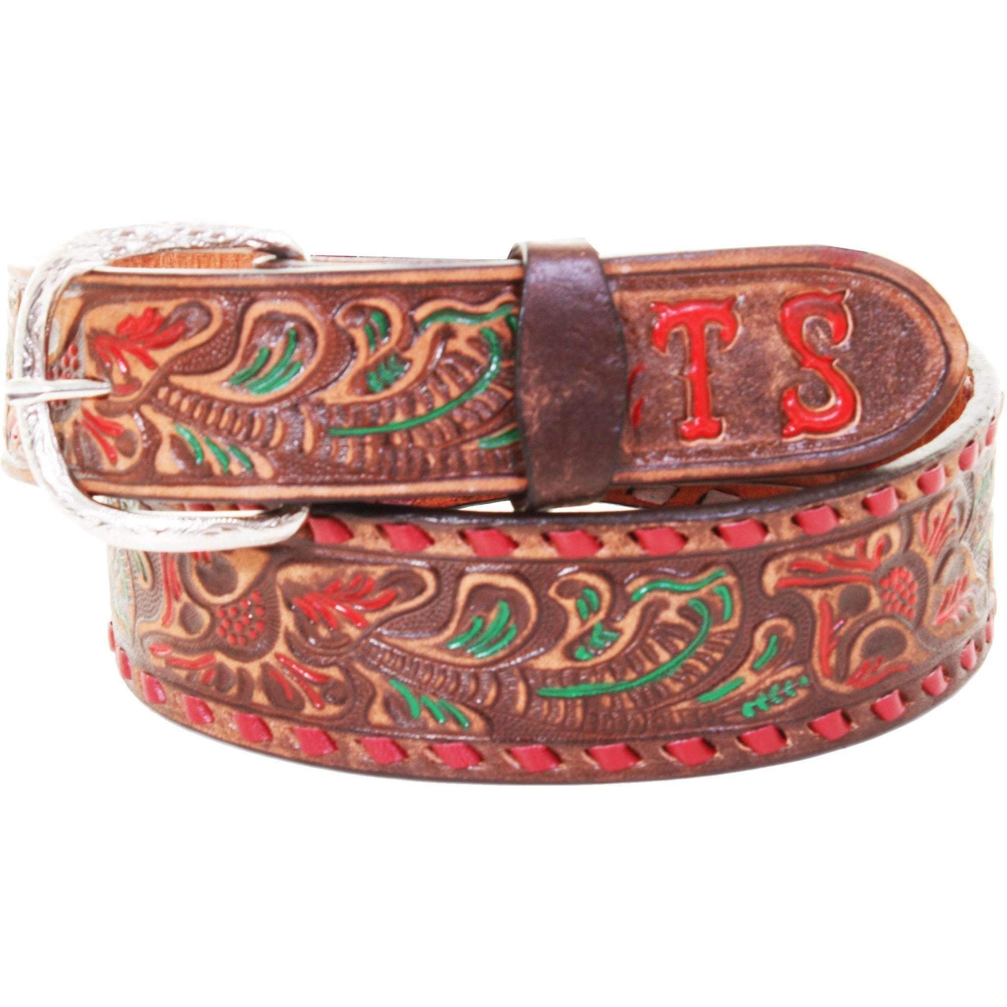 B086SD - FAST SHIP Brown Vintage Tooled Belt with Initials - Double J Saddlery