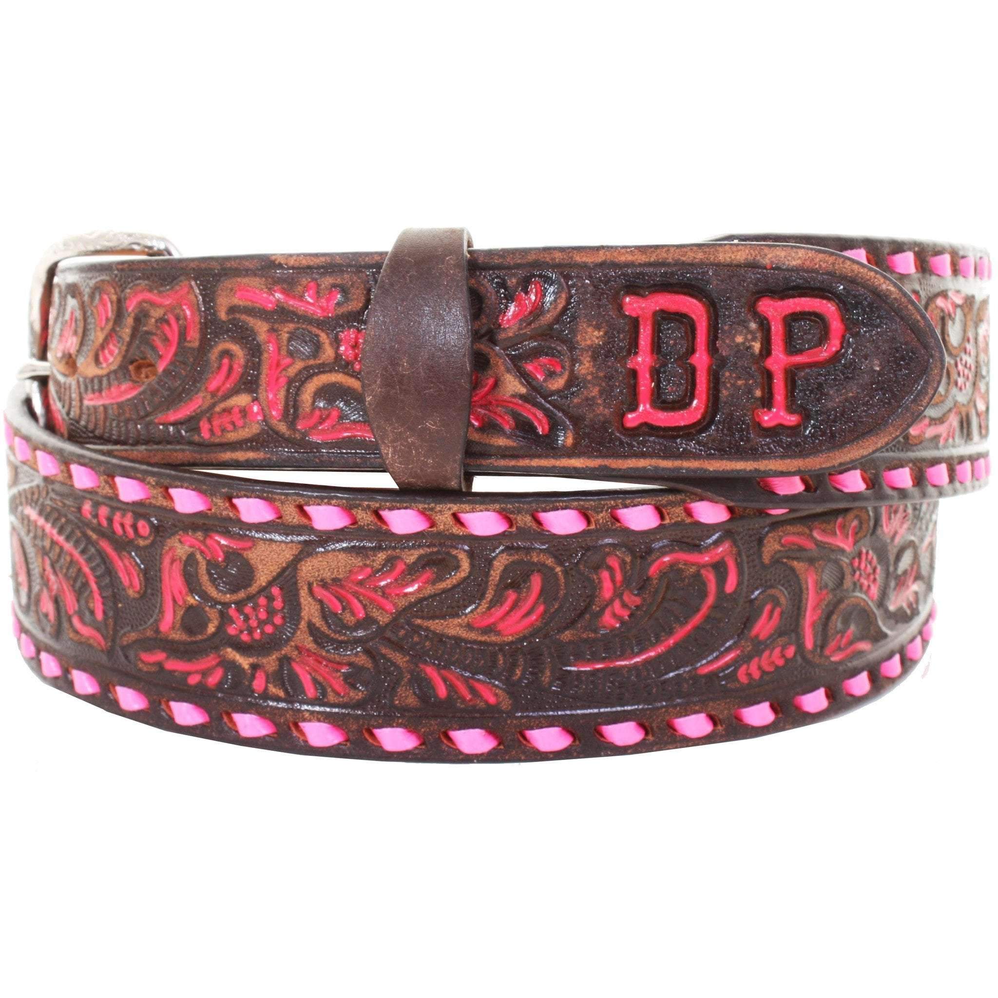 B086SD - FAST SHIP Brown Vintage Tooled Belt with Initials - Double J Saddlery