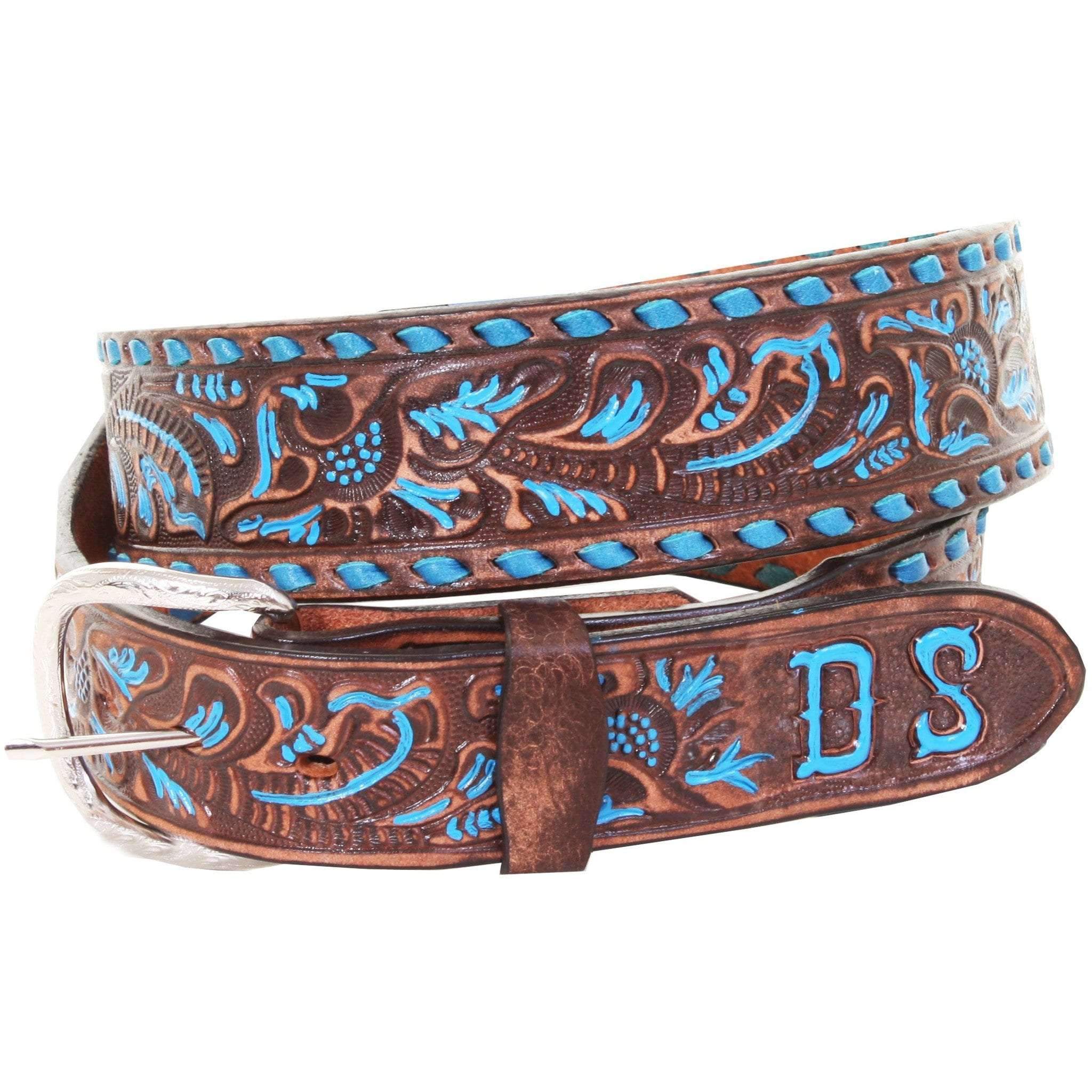 B086SD - FAST SHIP Brown Vintage Tooled Belt with Initials - Double J Saddlery