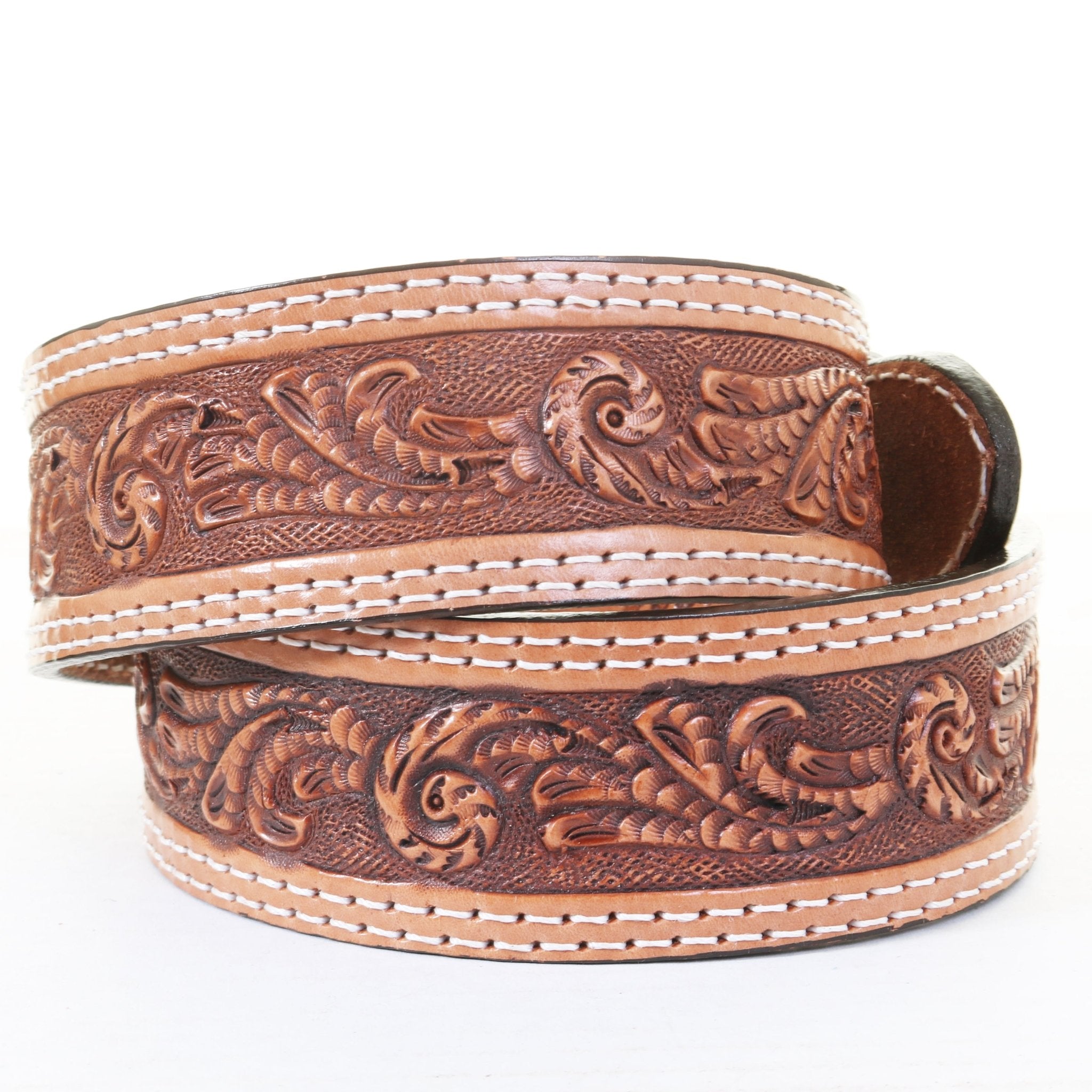 B1197 - Natural Leather Tooled Belt - Double J Saddlery