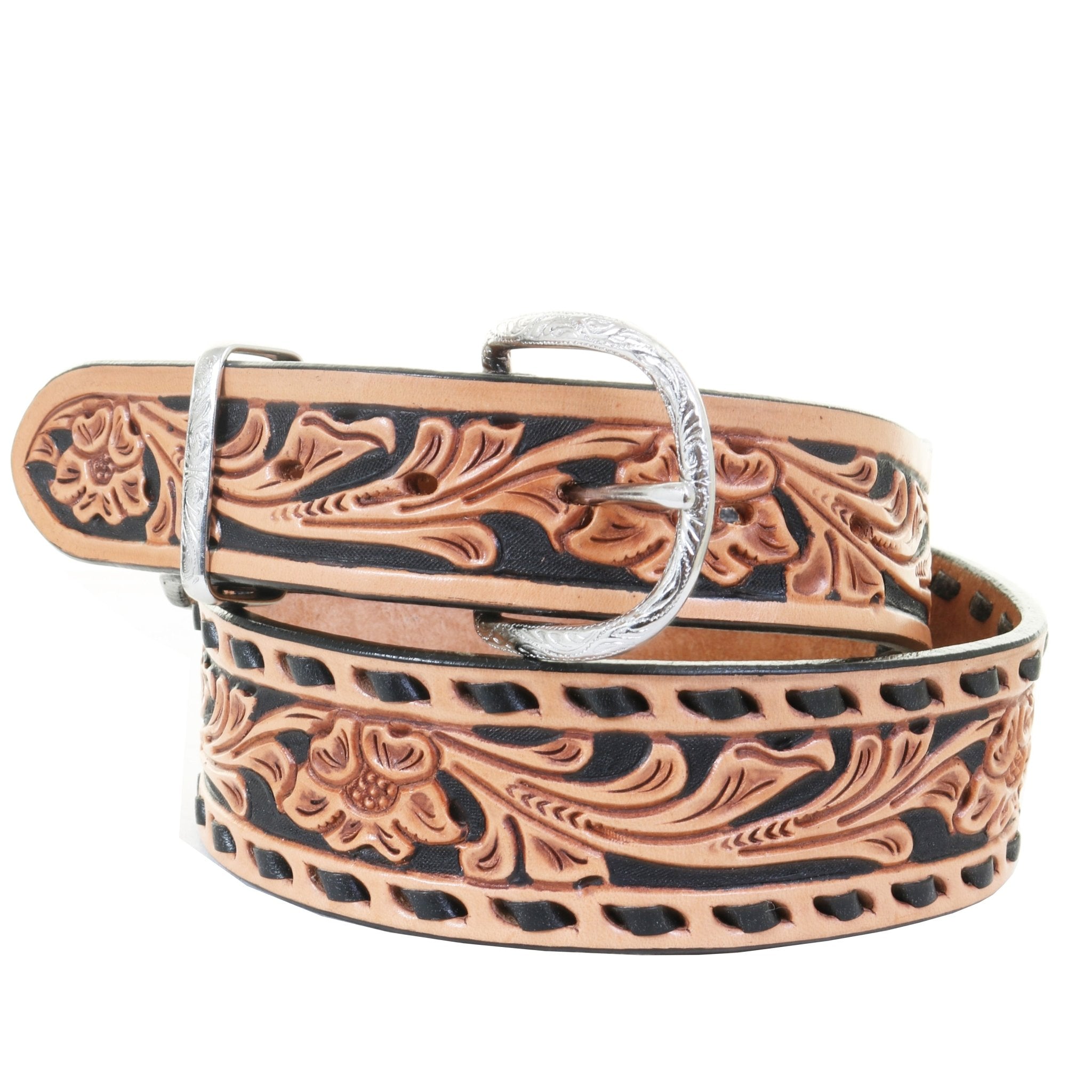 B1235 - Natural Floral Tooled Belt - Double J Saddlery