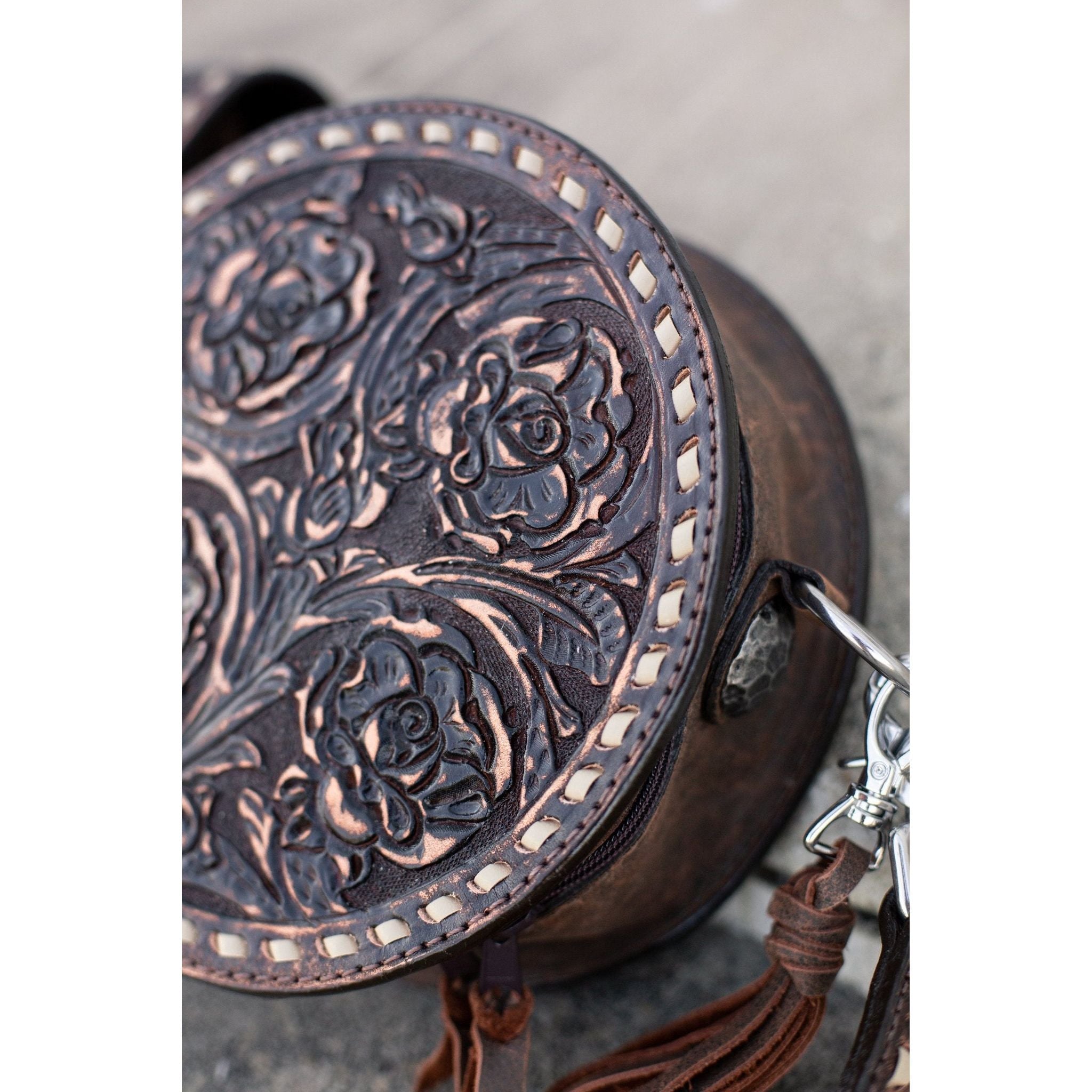 CRT04 - Brown Vintage Tooled Roses Circle Tote - Double J Saddlery