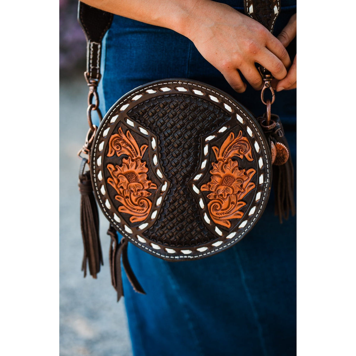 Vegan Western Boho Embellished Circle Brown V Leather burnished Gold Accents NWT Circle G Women main image 4