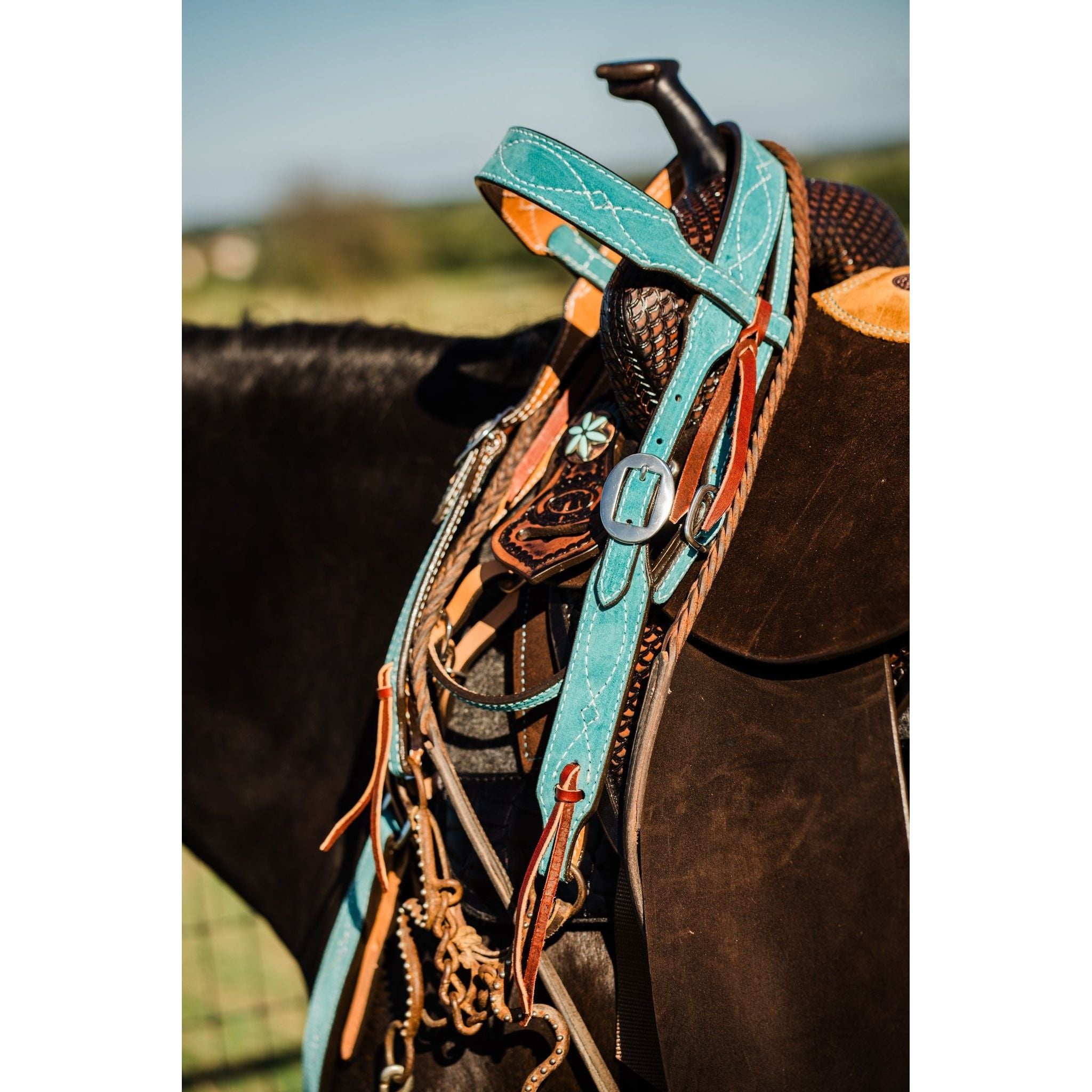 H1283TGW - Turquoise Green Suede Headstall - Double J Saddlery