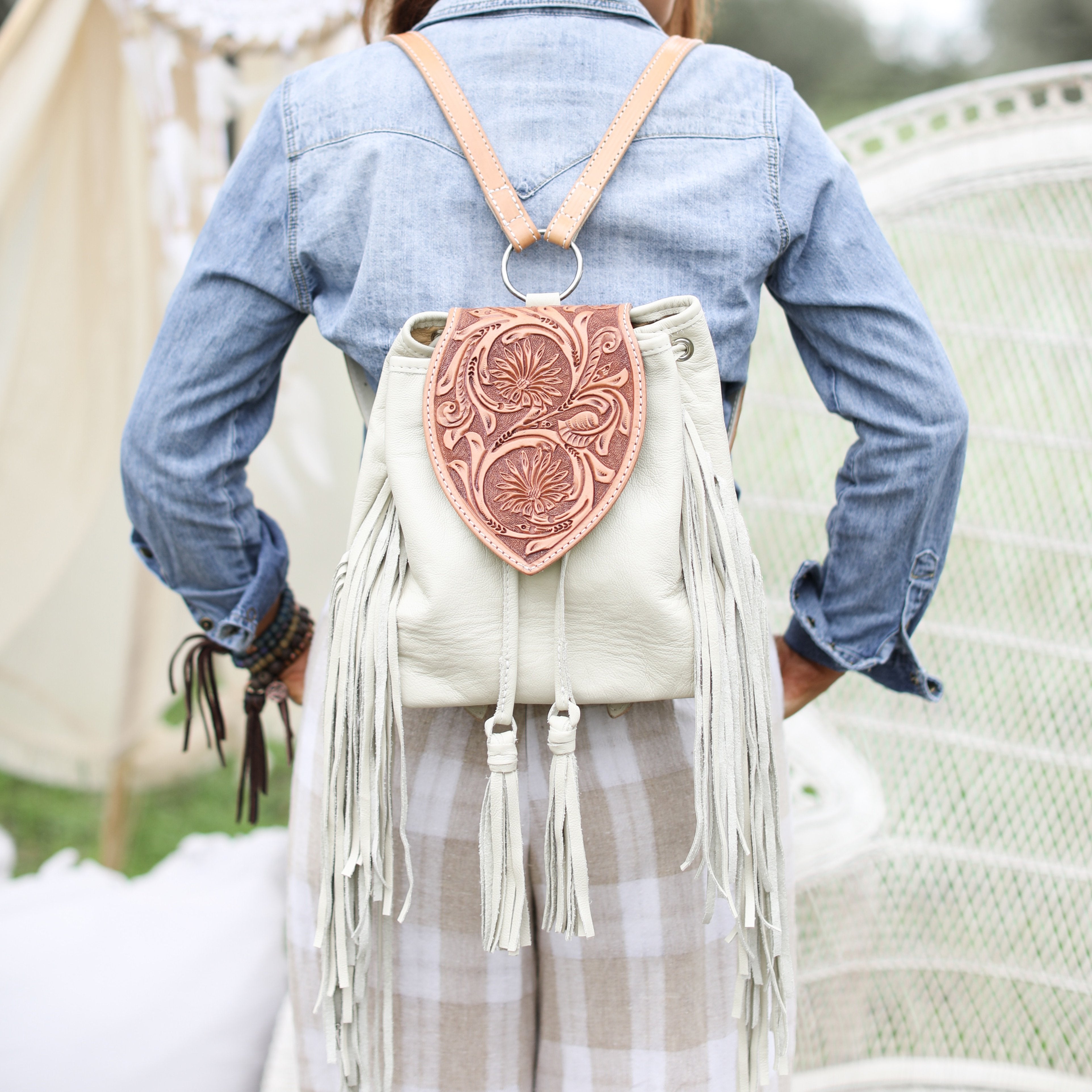 Bp08 - Egg Shell Daisy Tooled Backpack Handbag