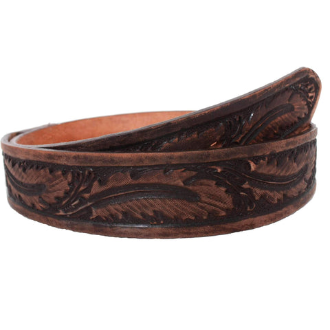 B022 - Brown Vintage Feather Tooled Belt Belt