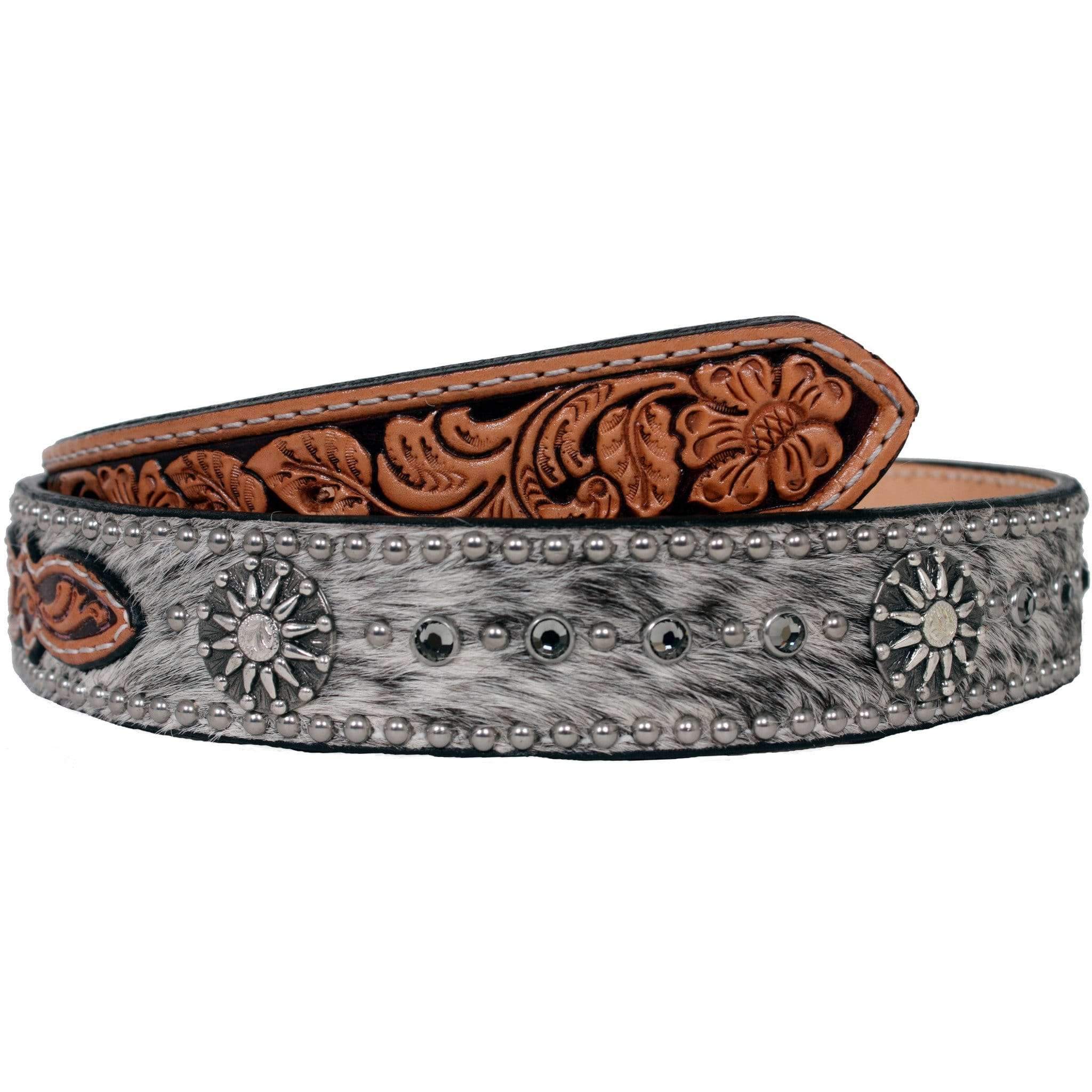 B036 - Black Roan Hair And Floral Tooled Belt Belt