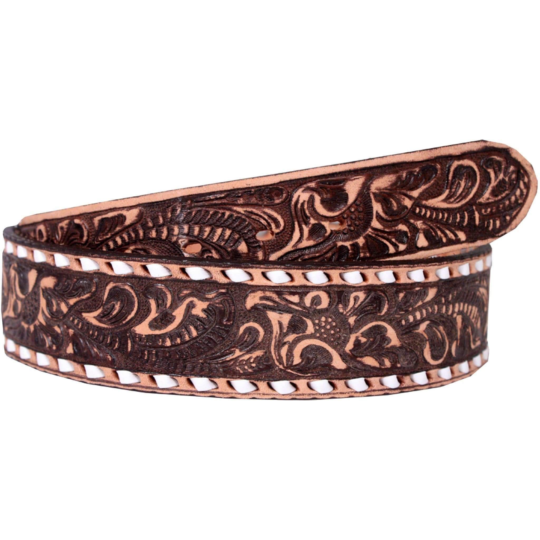 B063B - Brown Vintage Floral Tooled Buckstitch Belt Belt