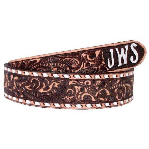 B063S - Brown Vintage Floral Tooled Buck Stitch Belt Belt