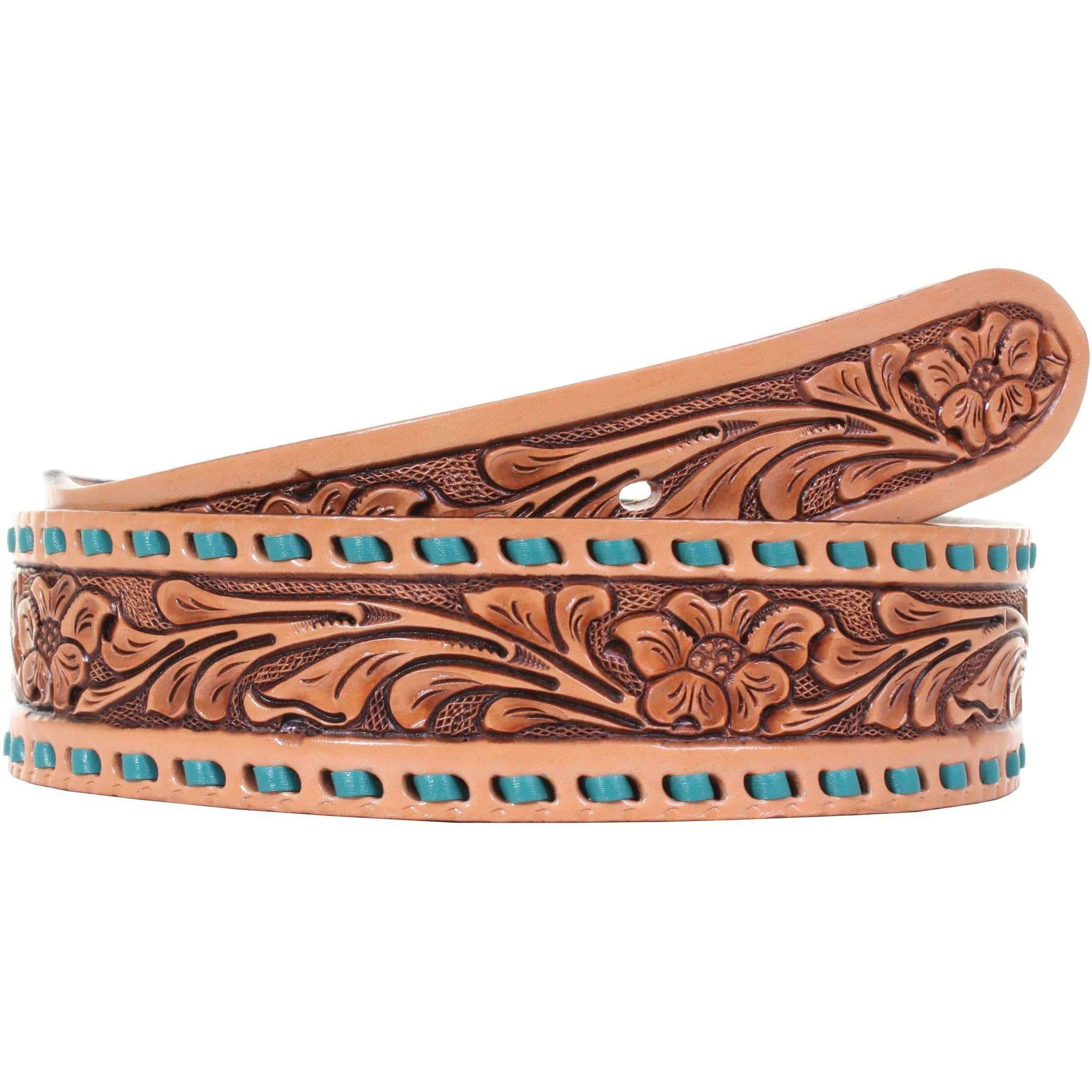 B073 - Floral Tooled Buckstitched Belt Belt