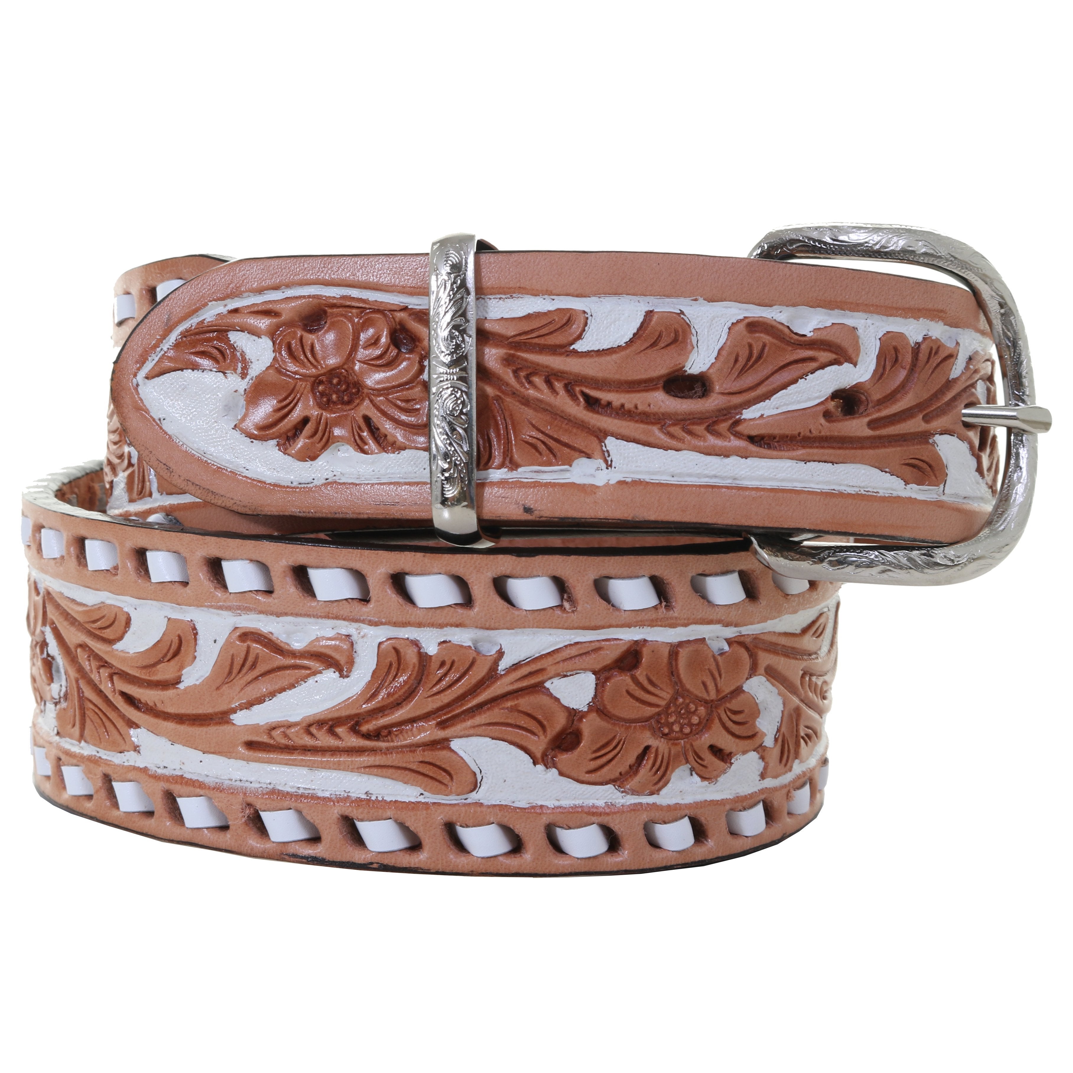 B083 - Floral Tooled Dyed Background Belt - Double J Saddlery