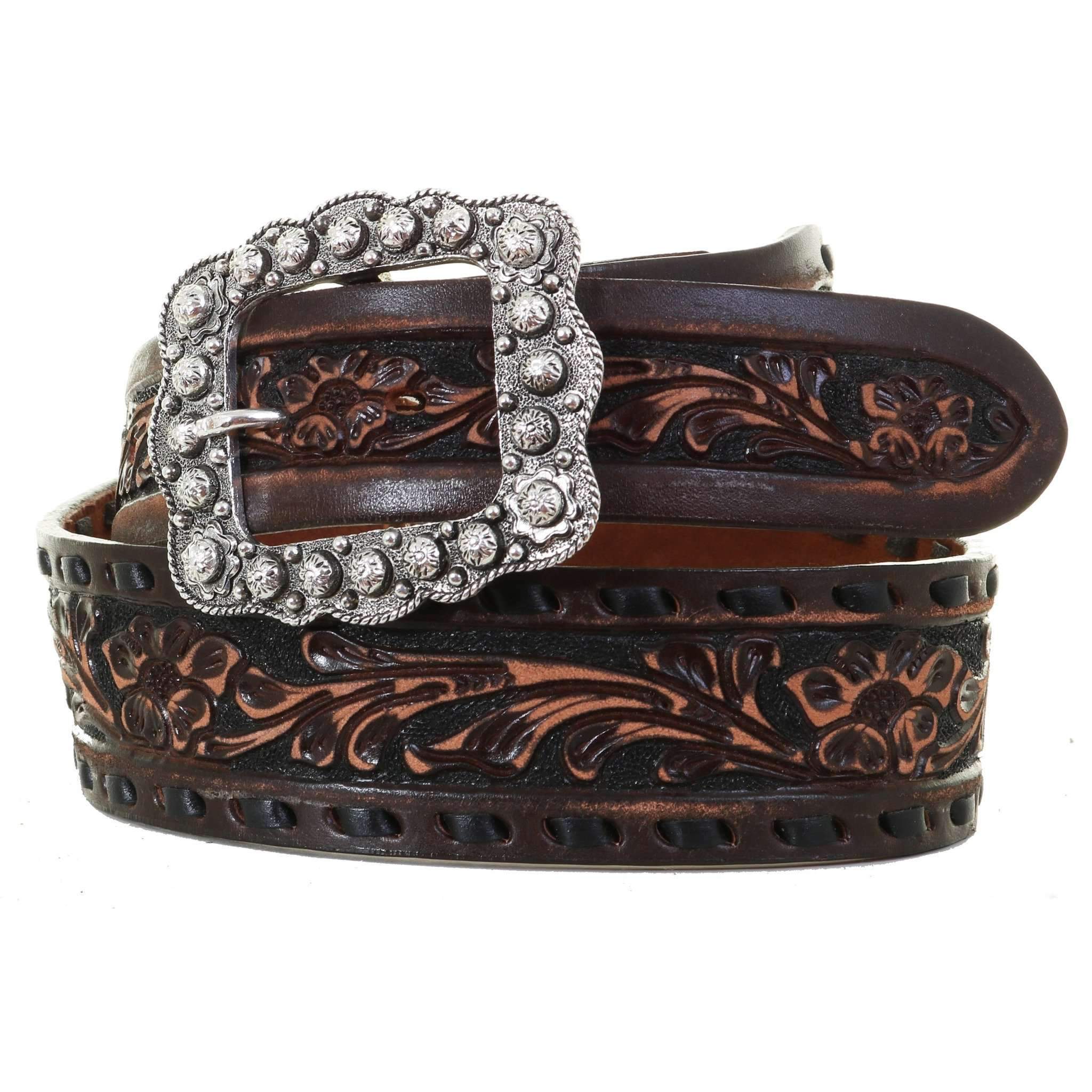 B085 - Brown Vintage Floral Tooled Buckstitch Belt Belt