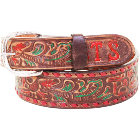B086Sd - Brown Vintage Tooled Belt Belt