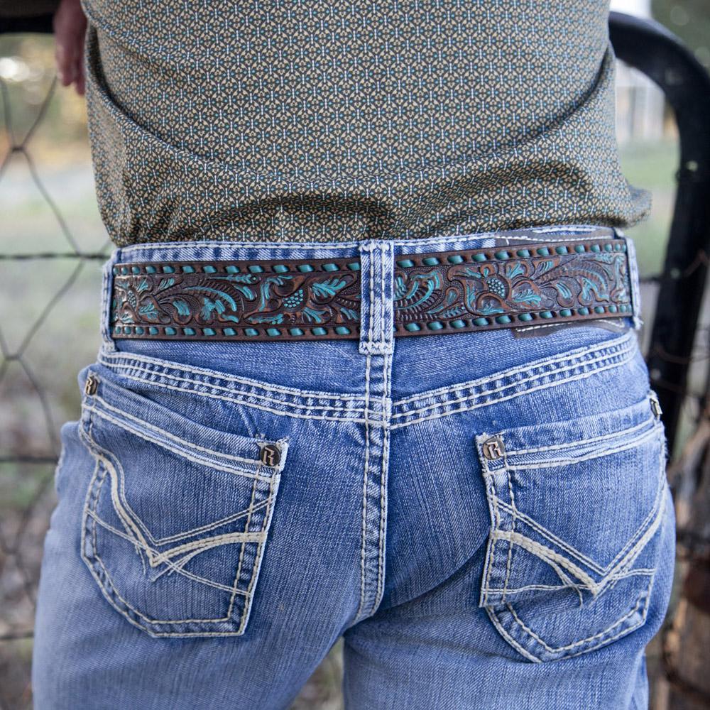 B087 - Brown Vintage Turquoise Floral Hi-Lites Belt Belt