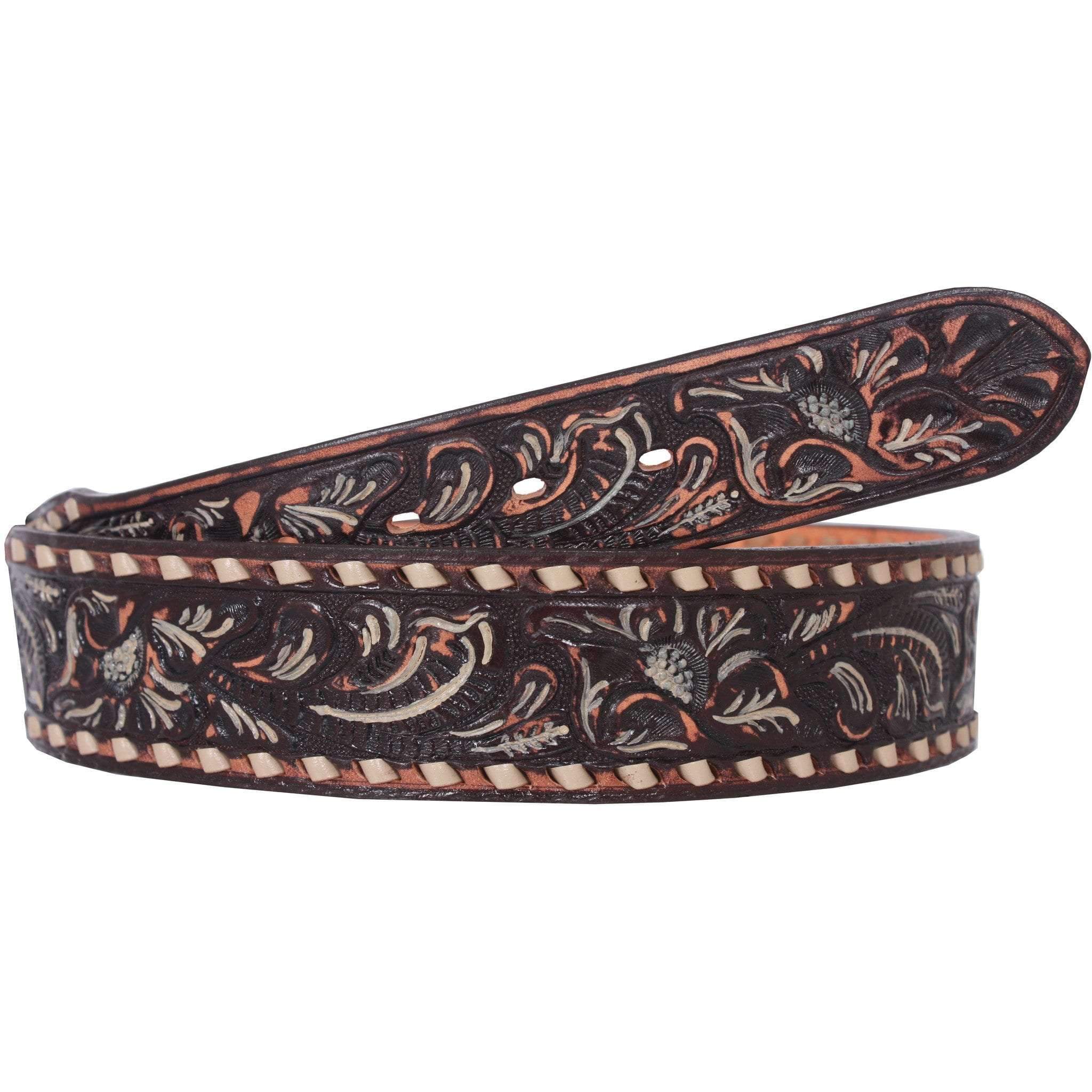 B091 - Brown Floral Tooled Cream Hi-Lites Belt Belt