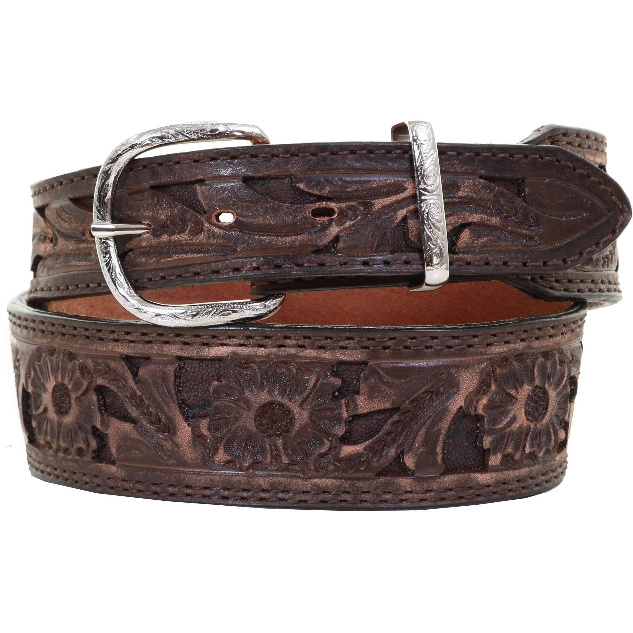 B1008 - Brown Vintage Floral Tooled Belt Belt