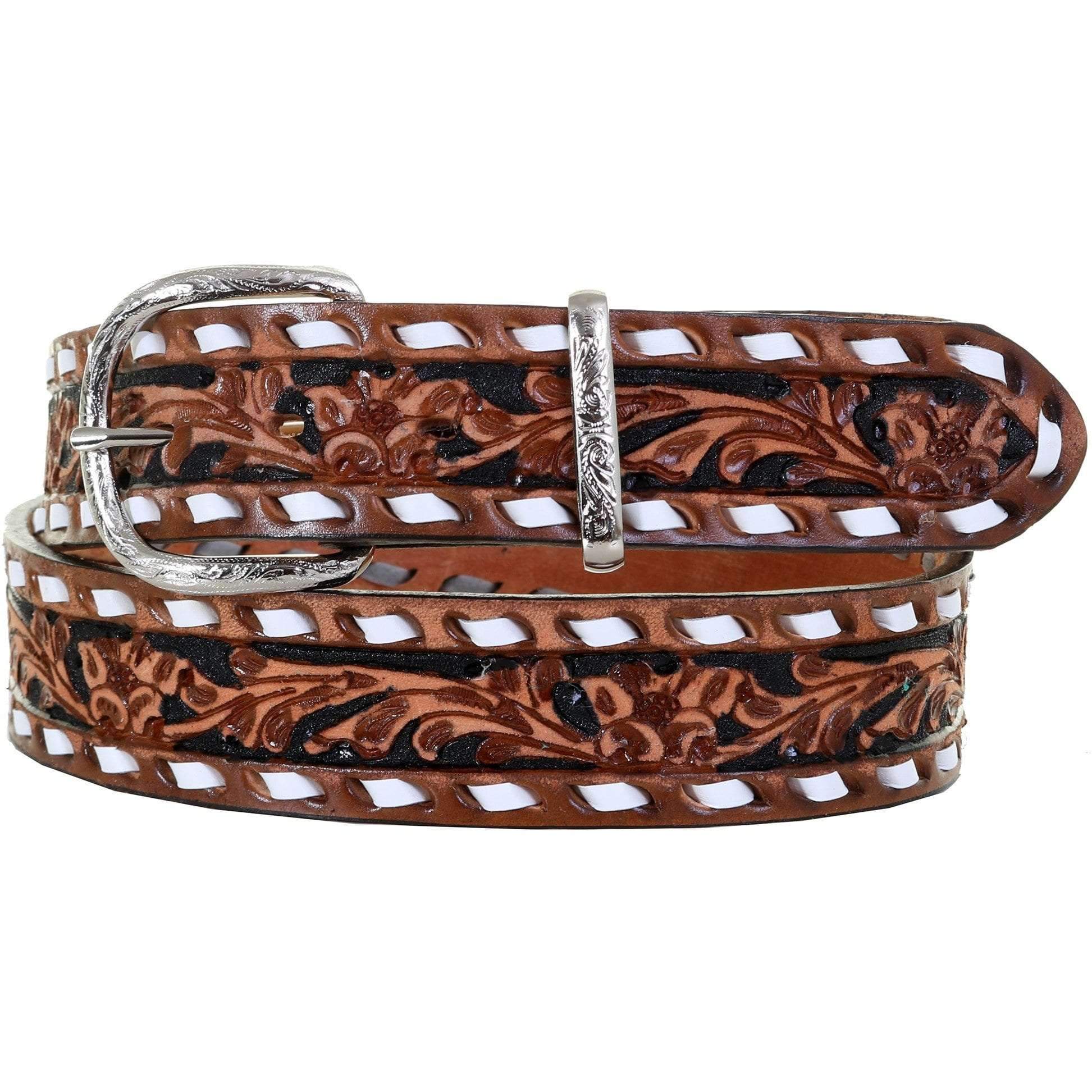 B1021A - Pecan Vintage Floral Tooled Belt Belt