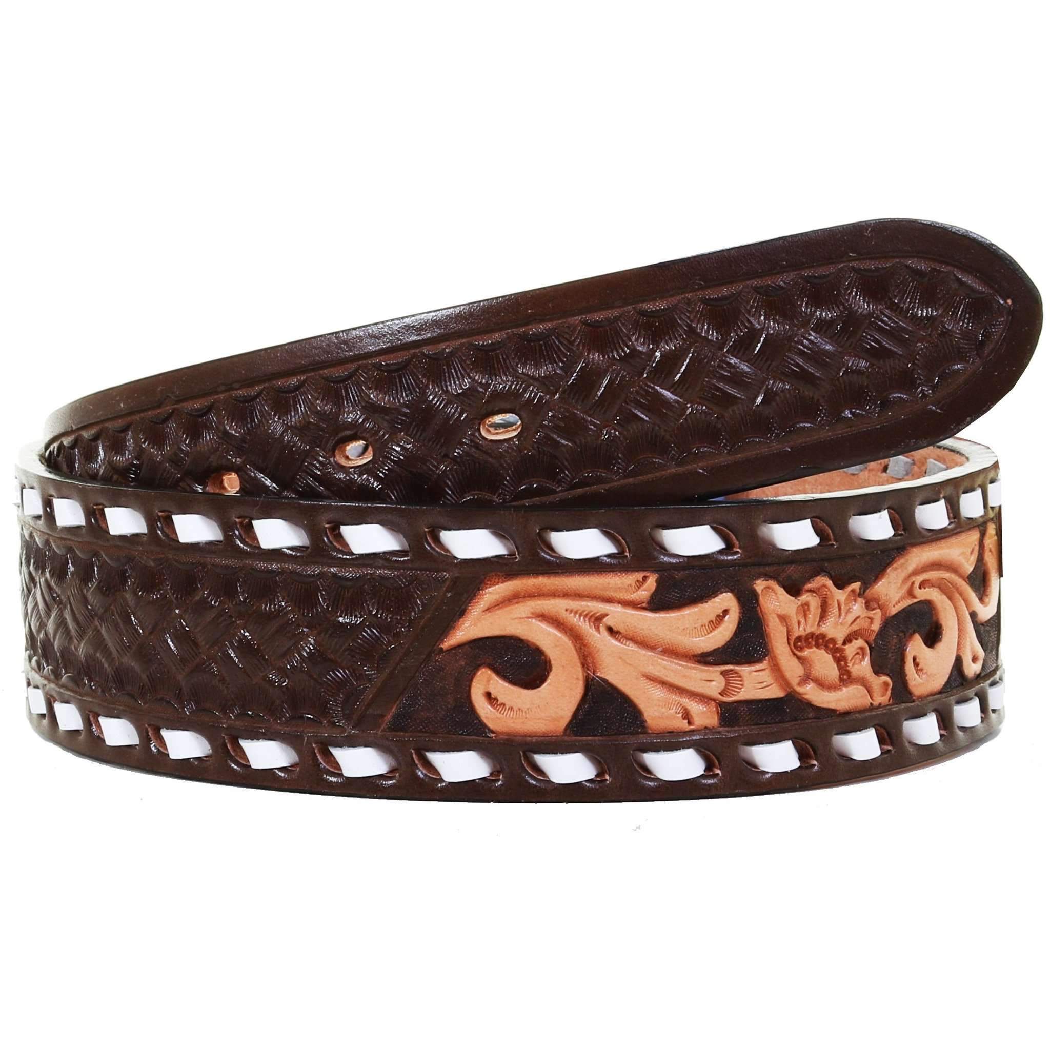 B1023 - Floral Tooled Buckstitch Belt Belt