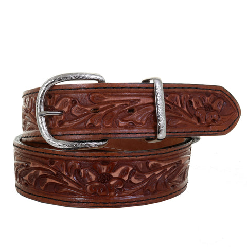 B1026A - Pecan Vintage Floral Tooled Belt Belt