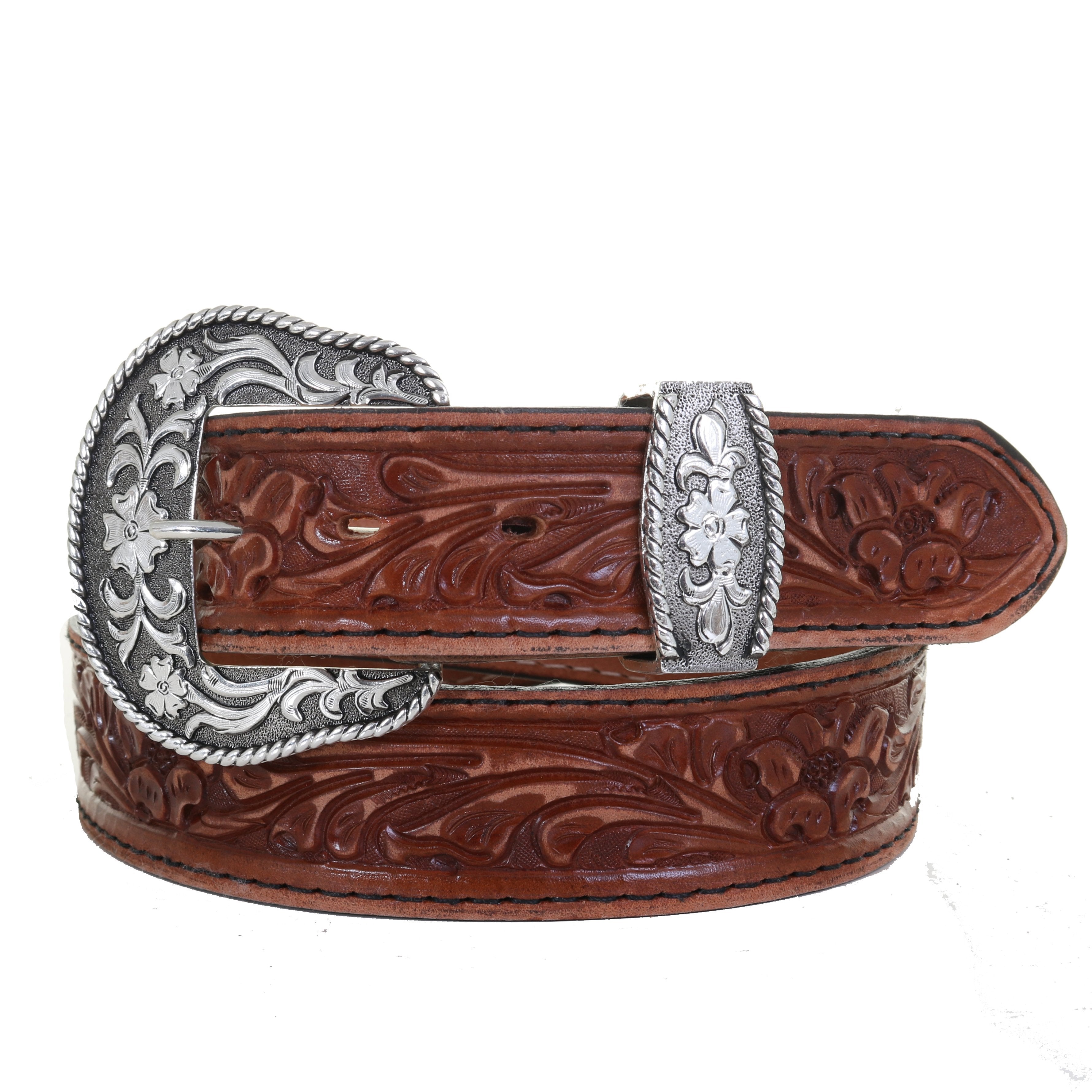 B1026B - Pecan Vintage Floral Tooled Belt Belt