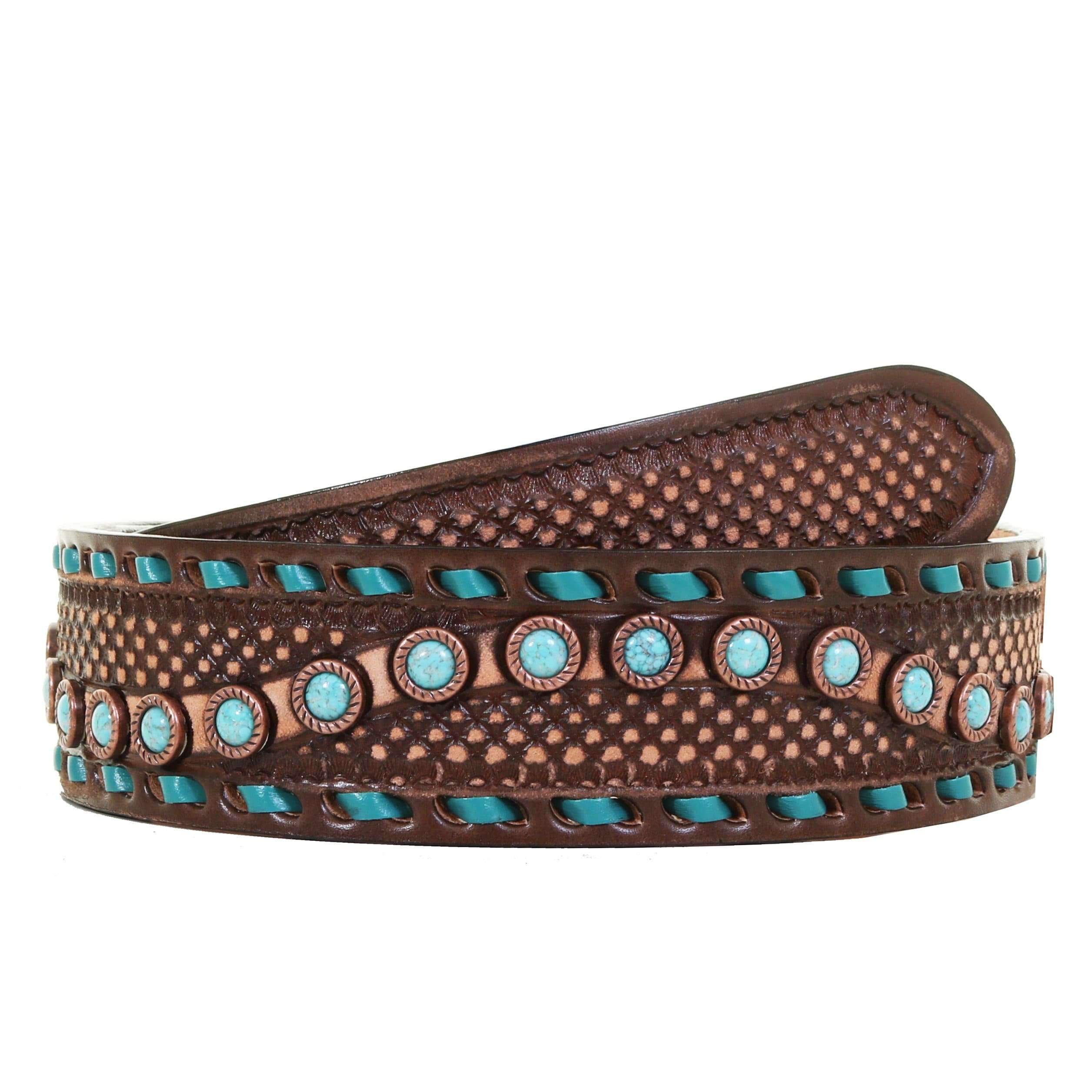 B1033 - Brown Vintage Studded Buck Stitched Belt Belt