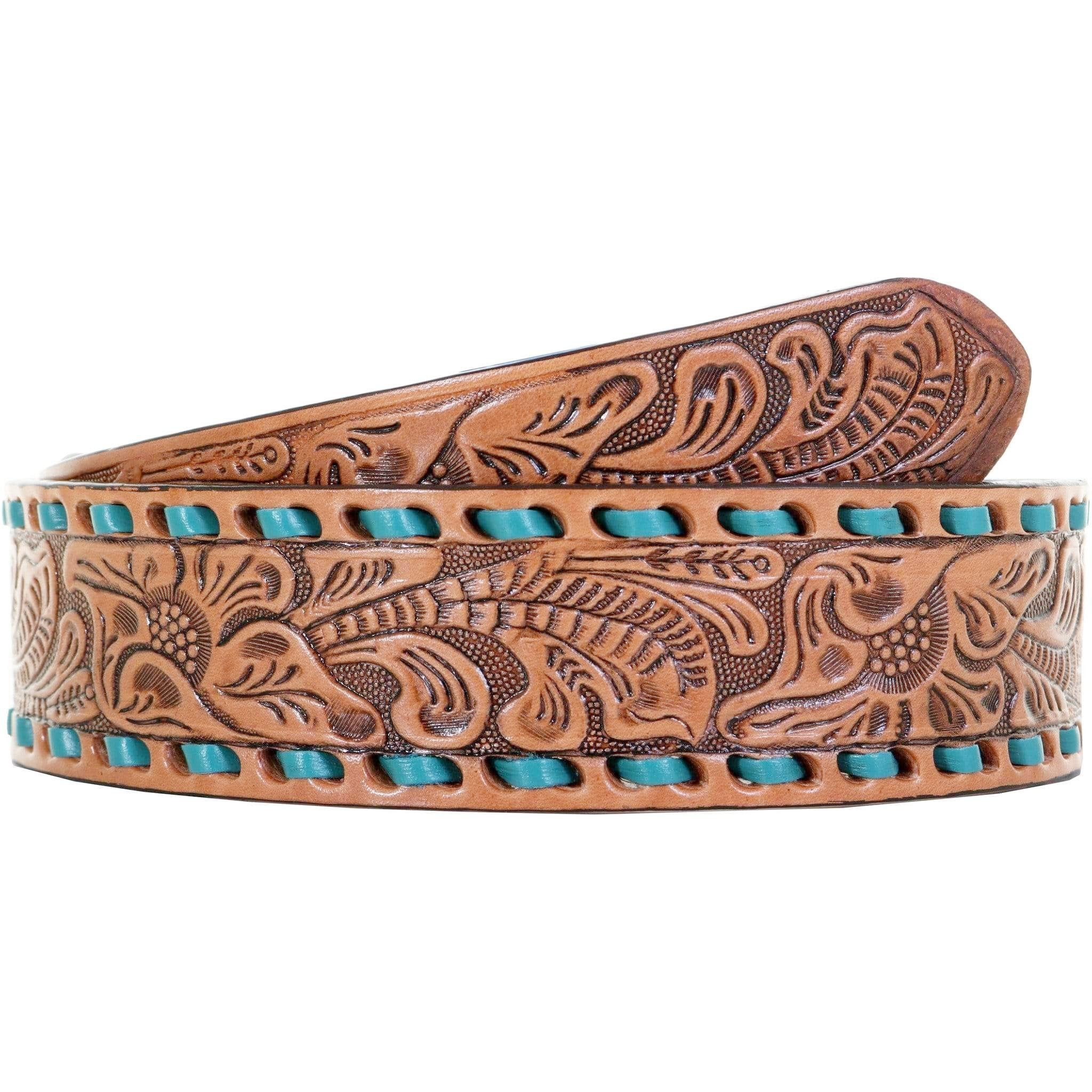 B1050B - Natural Tooled Buck Stitched Belt Belt