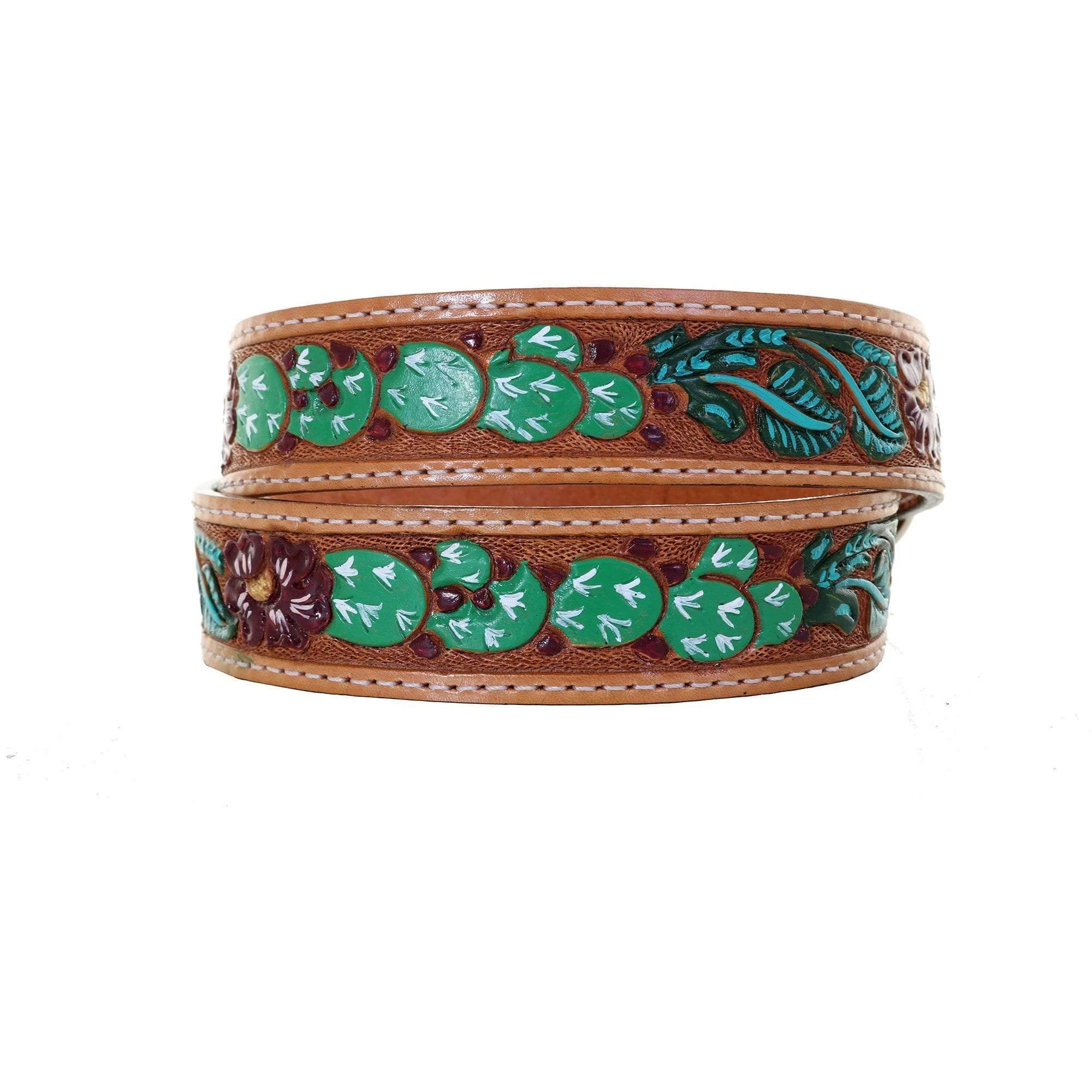 B1063 - Natural Floral/cactus Painted Tooled Belt Belt