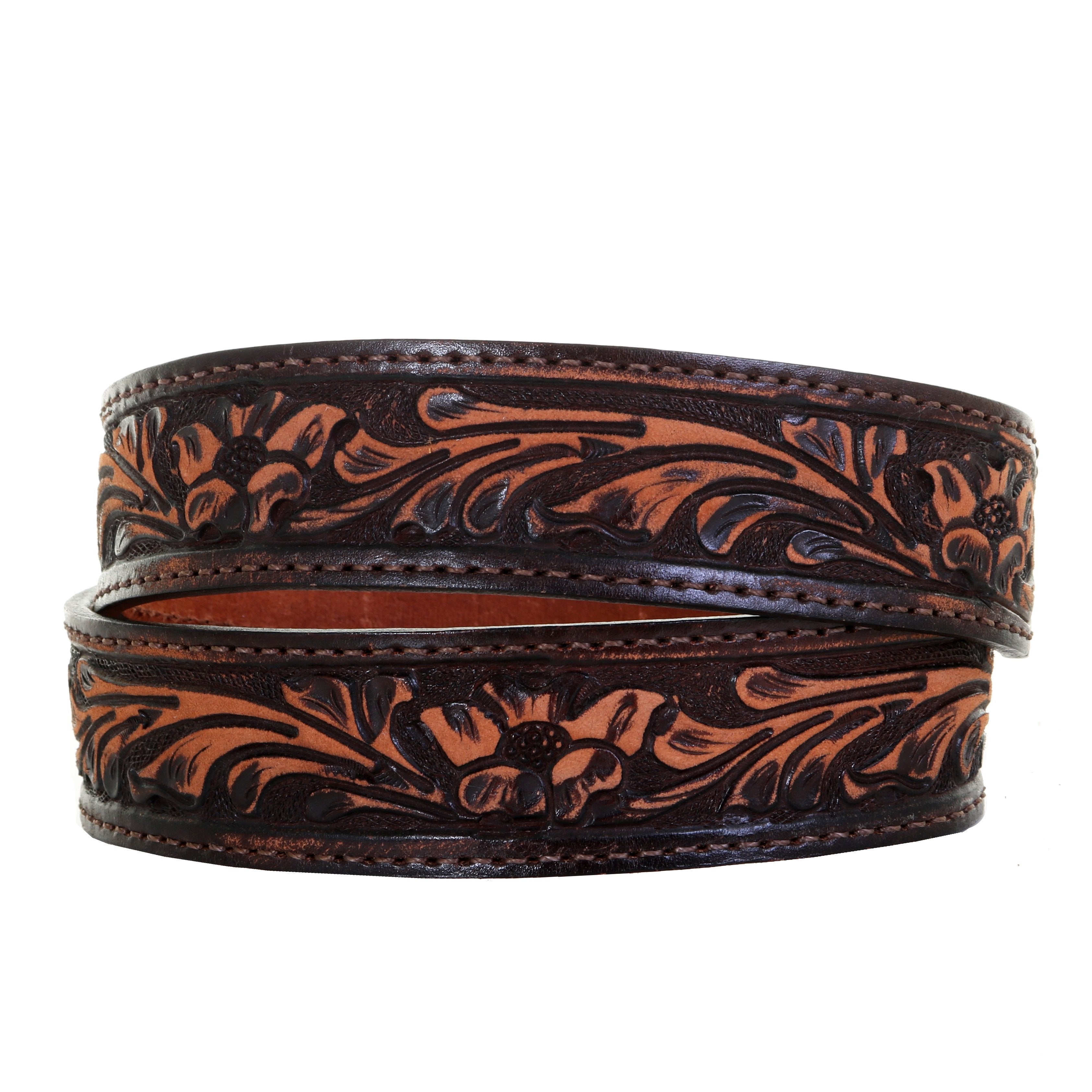 B1077 - Brown Vintage Floral Tooled Belt Belt