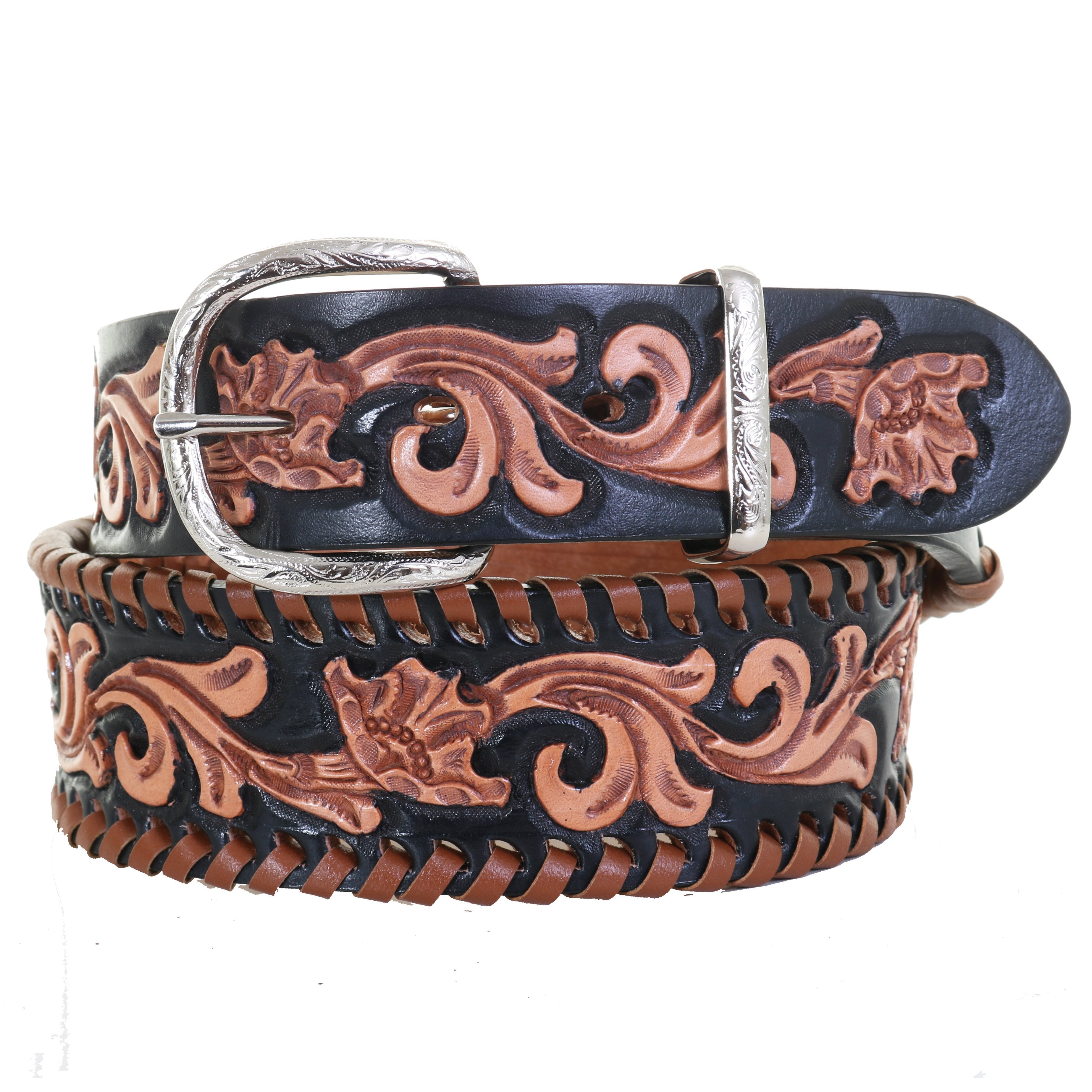 B1082 - Floral Tooled And Whip Stitched Belt Belt