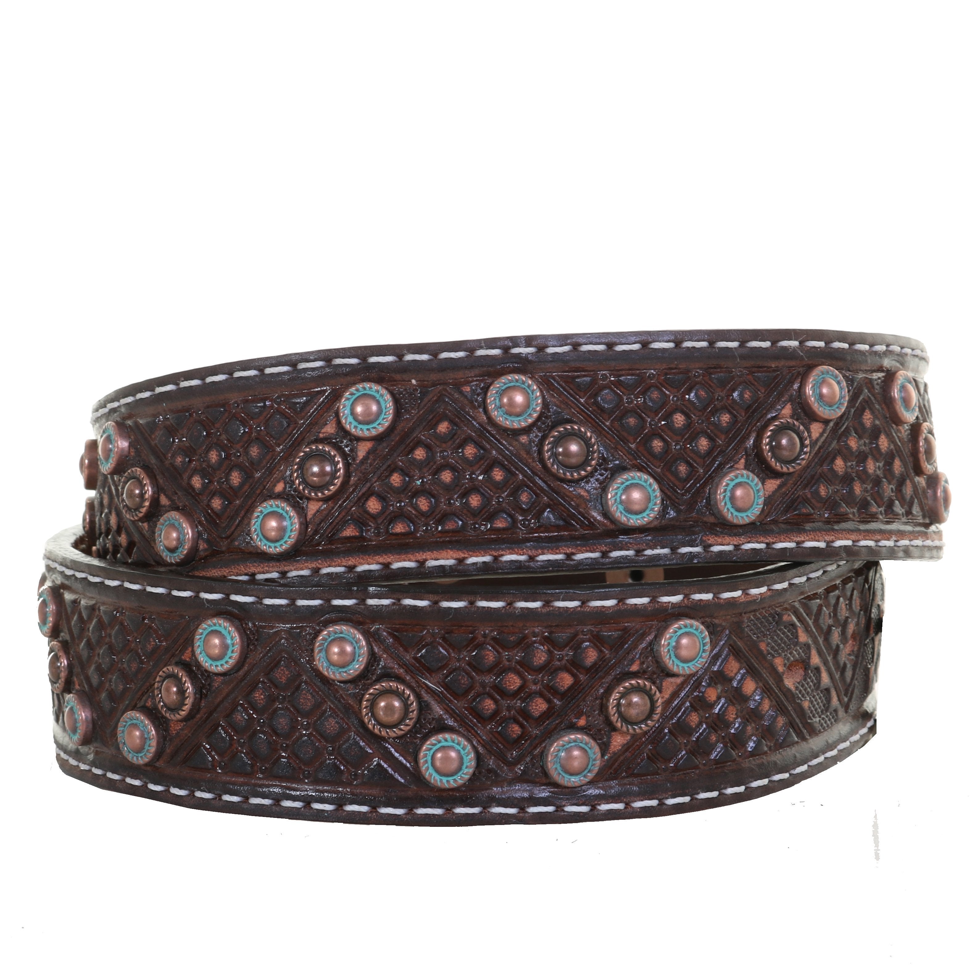 B1083 - Brown Vintage Tooled And Studded Belt Belt