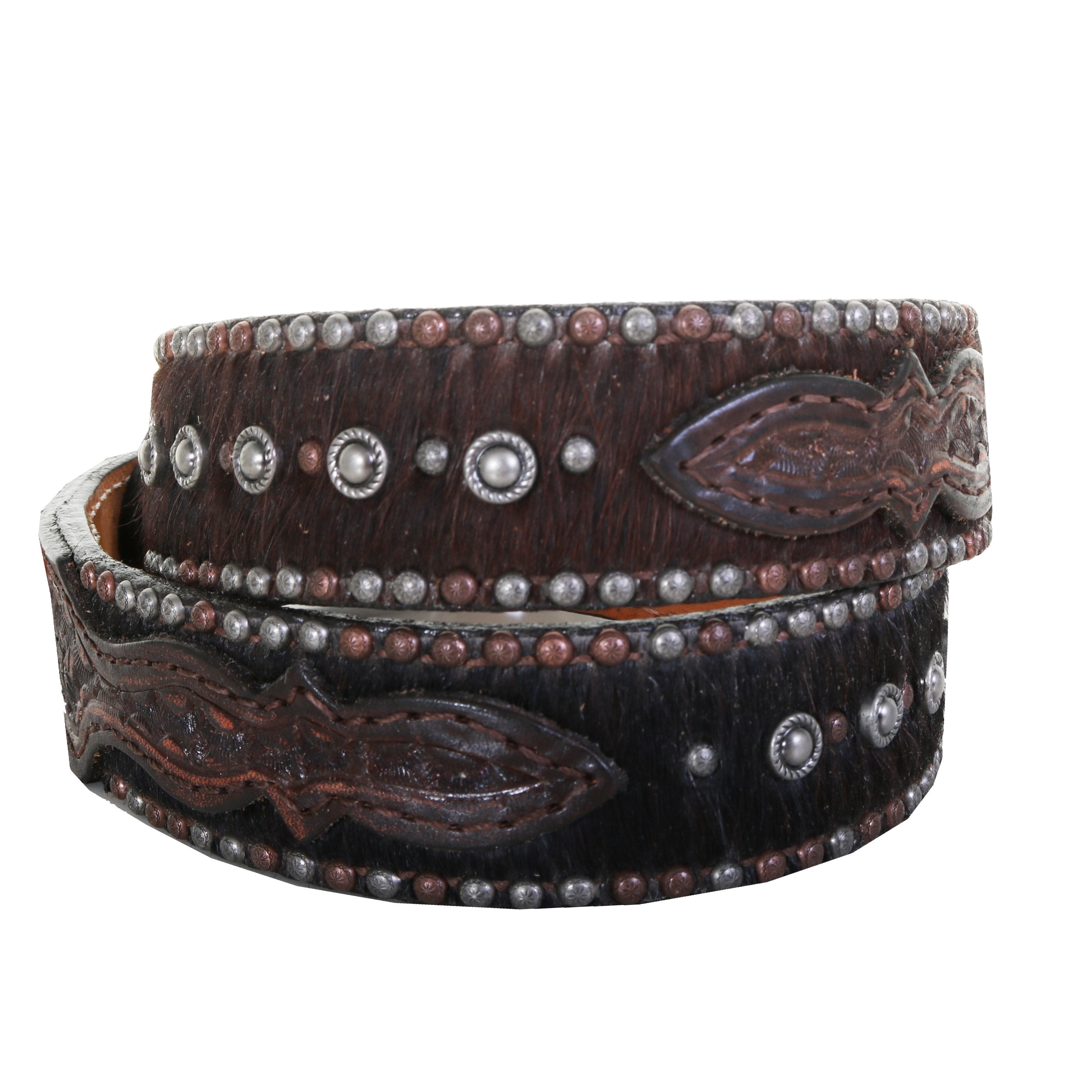 B1087 - Brindle Hair Tooled And Studded Belt Belt