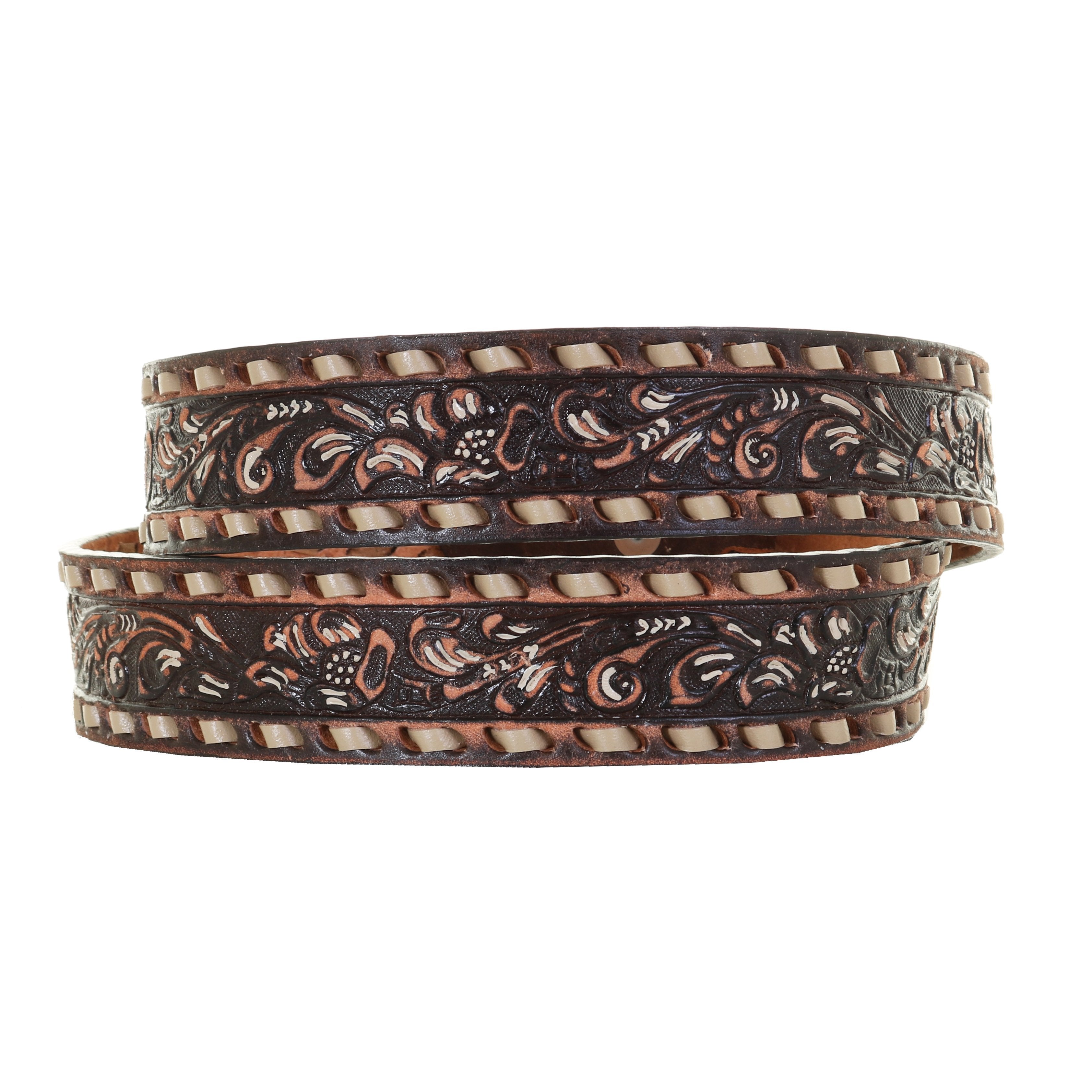 B1092A - Brown Vintage Floral Tooled Belt W/initials Belt