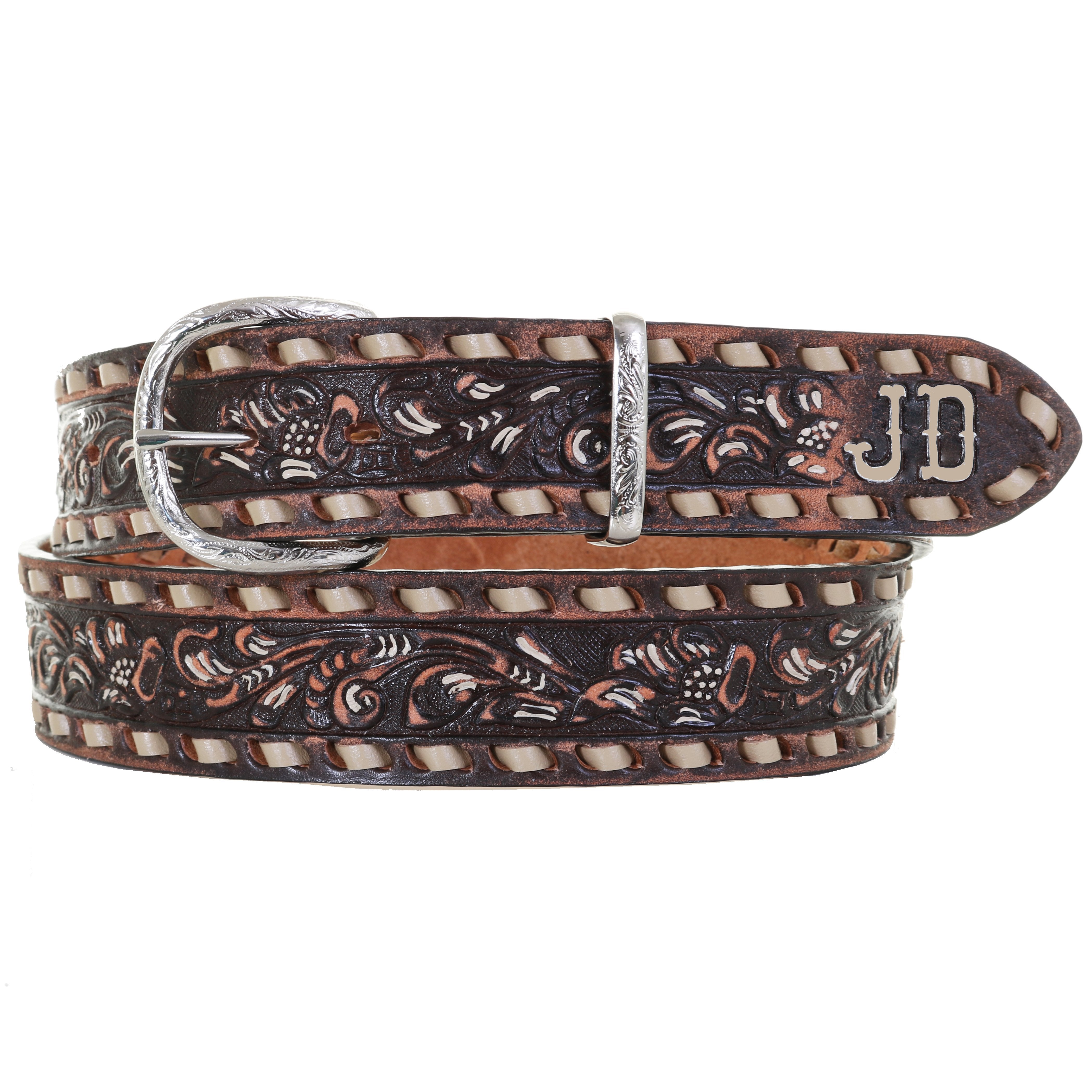 B1092A - Brown Vintage Floral Tooled Belt W/initials Belt