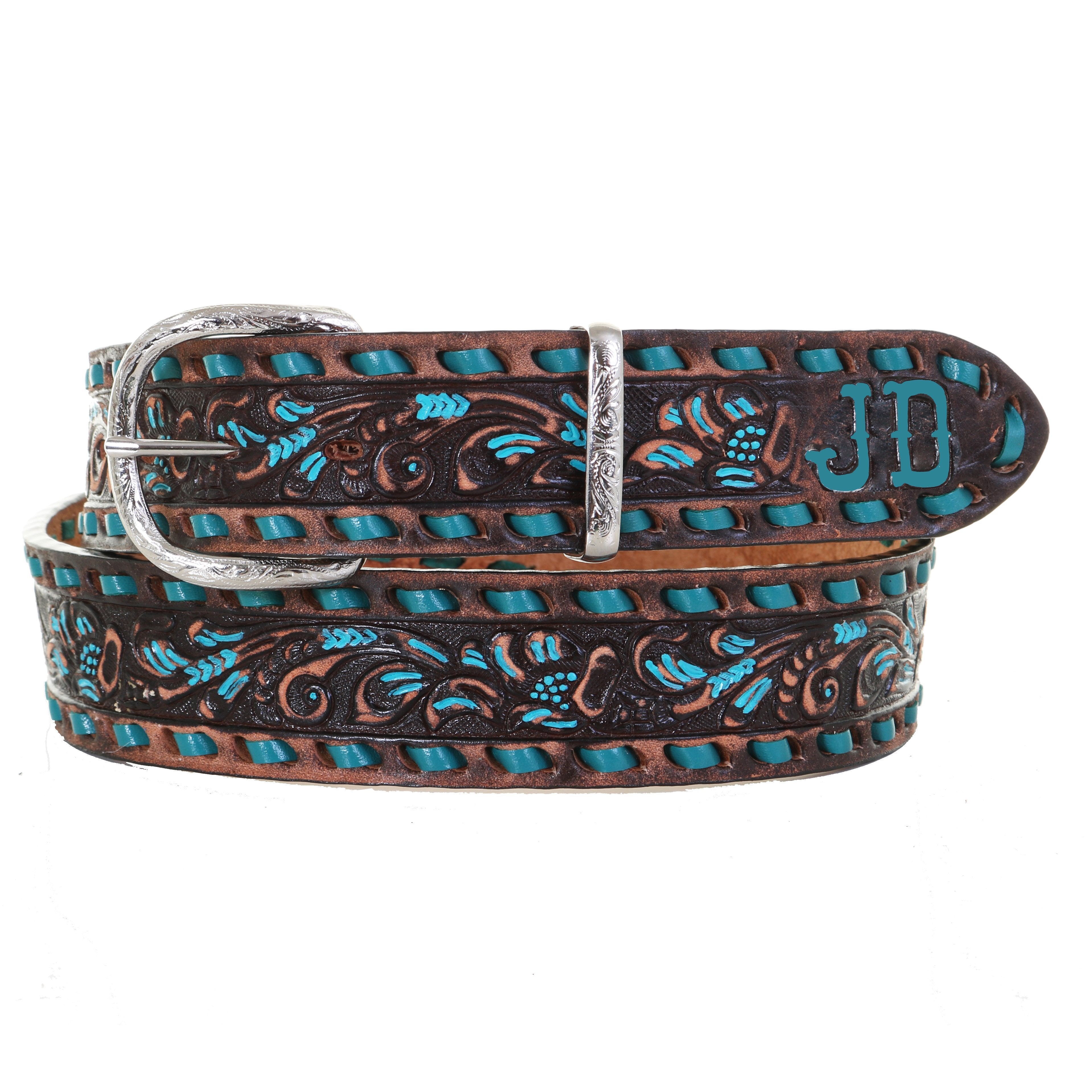 B1092A - Brown Vintage Floral Tooled Belt W/initials Belt