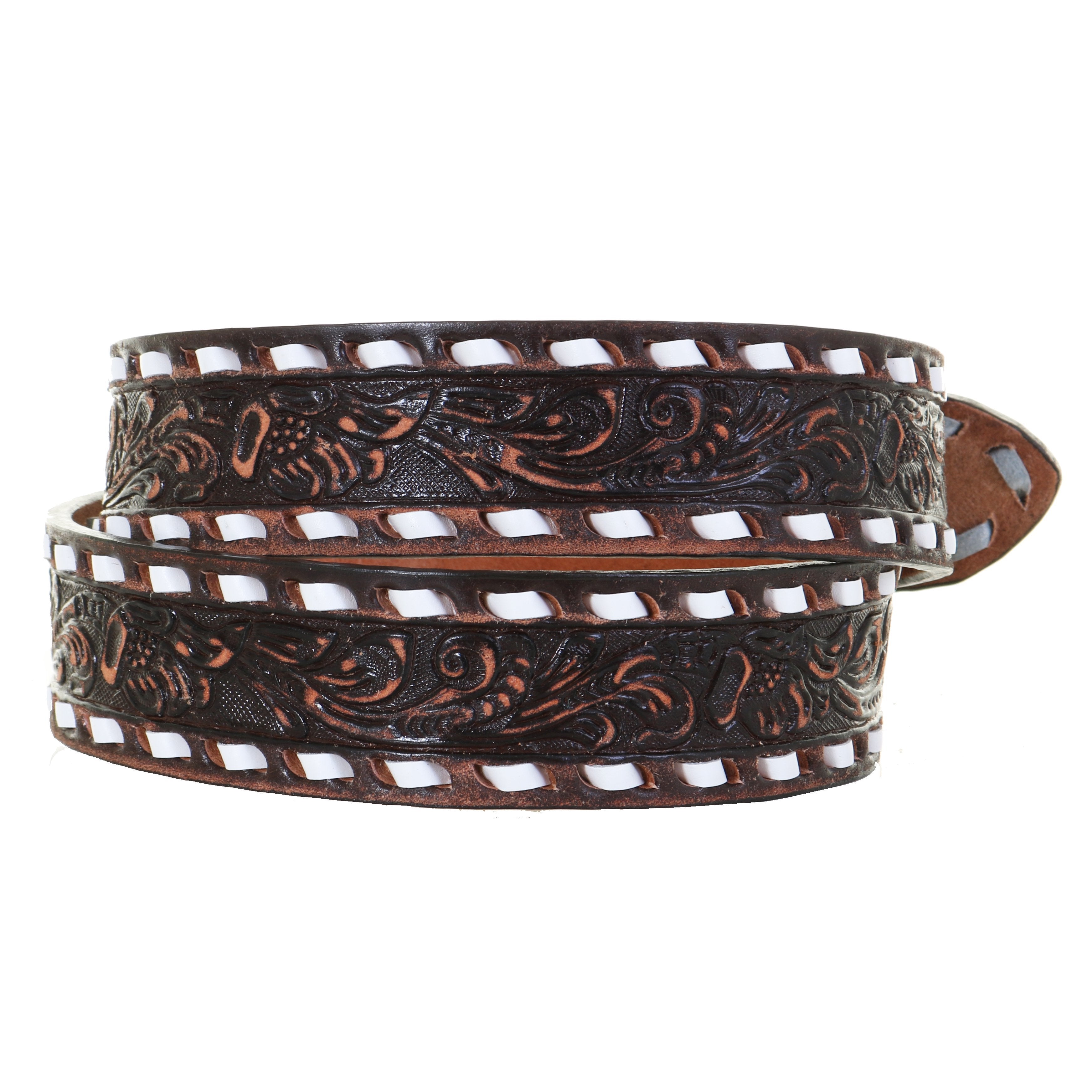 B1092 - Brown Vintage Floral Tooled Belt W/initials Belt