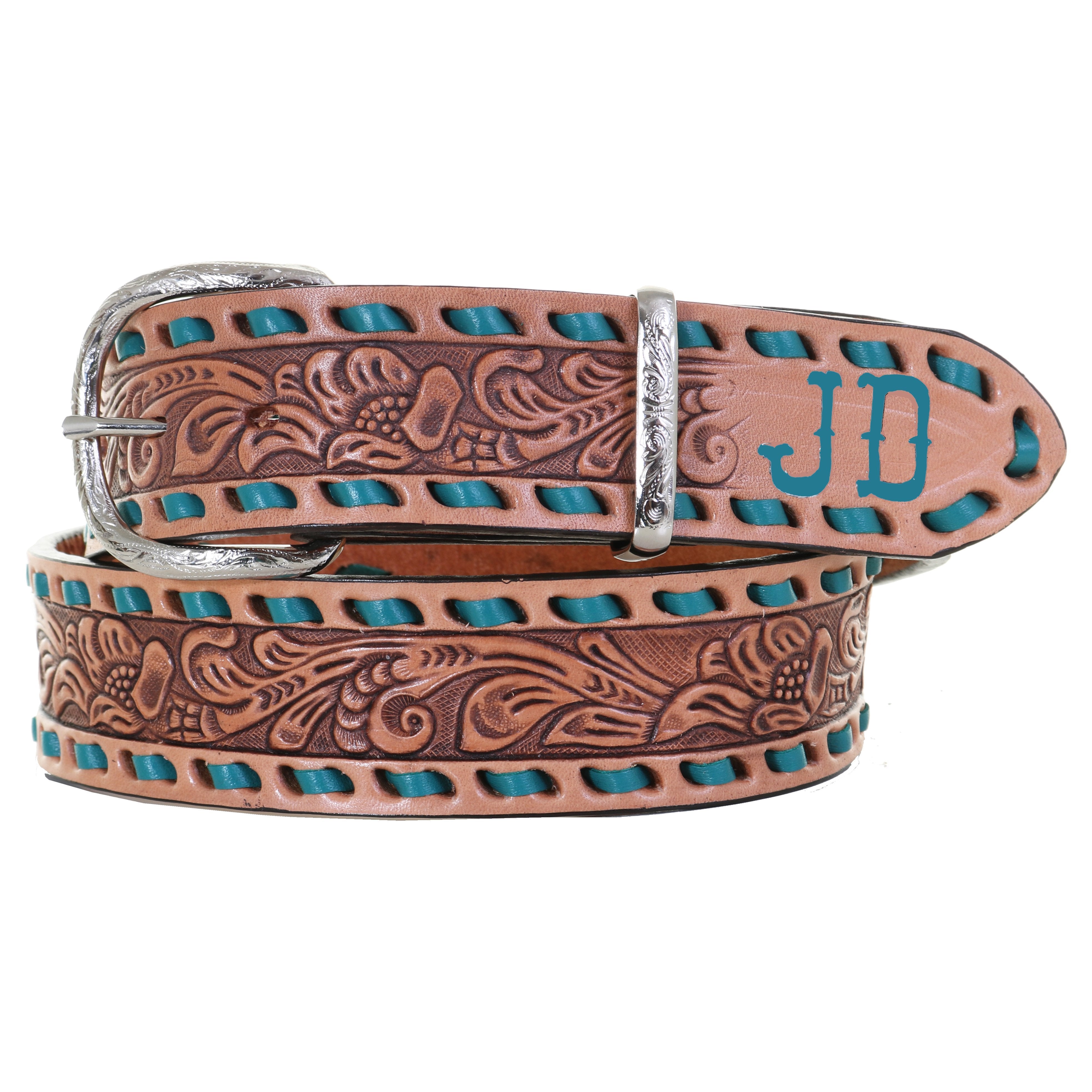 B1093 - Natural Floral Tooled Belt W/initials Belt