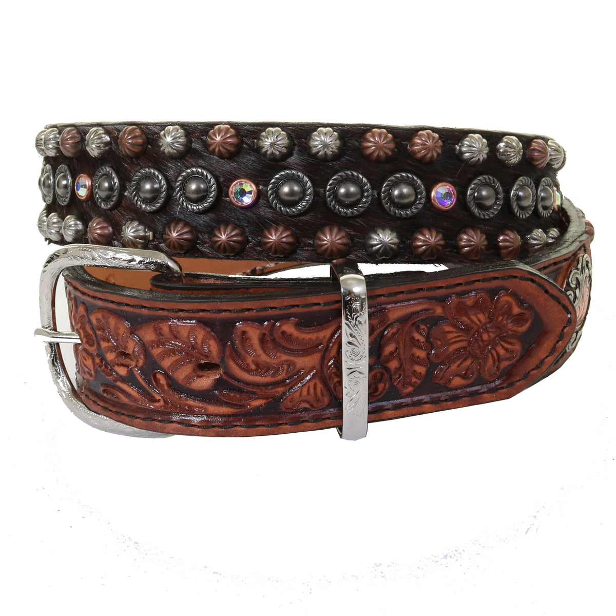 Vtg 1994 Double J Saddlery Bling Horsehair Leather Belt Silver Floral Buckle 32 Taos Southwestern Antique Floral Engraved Buckle Genuine  main image 3