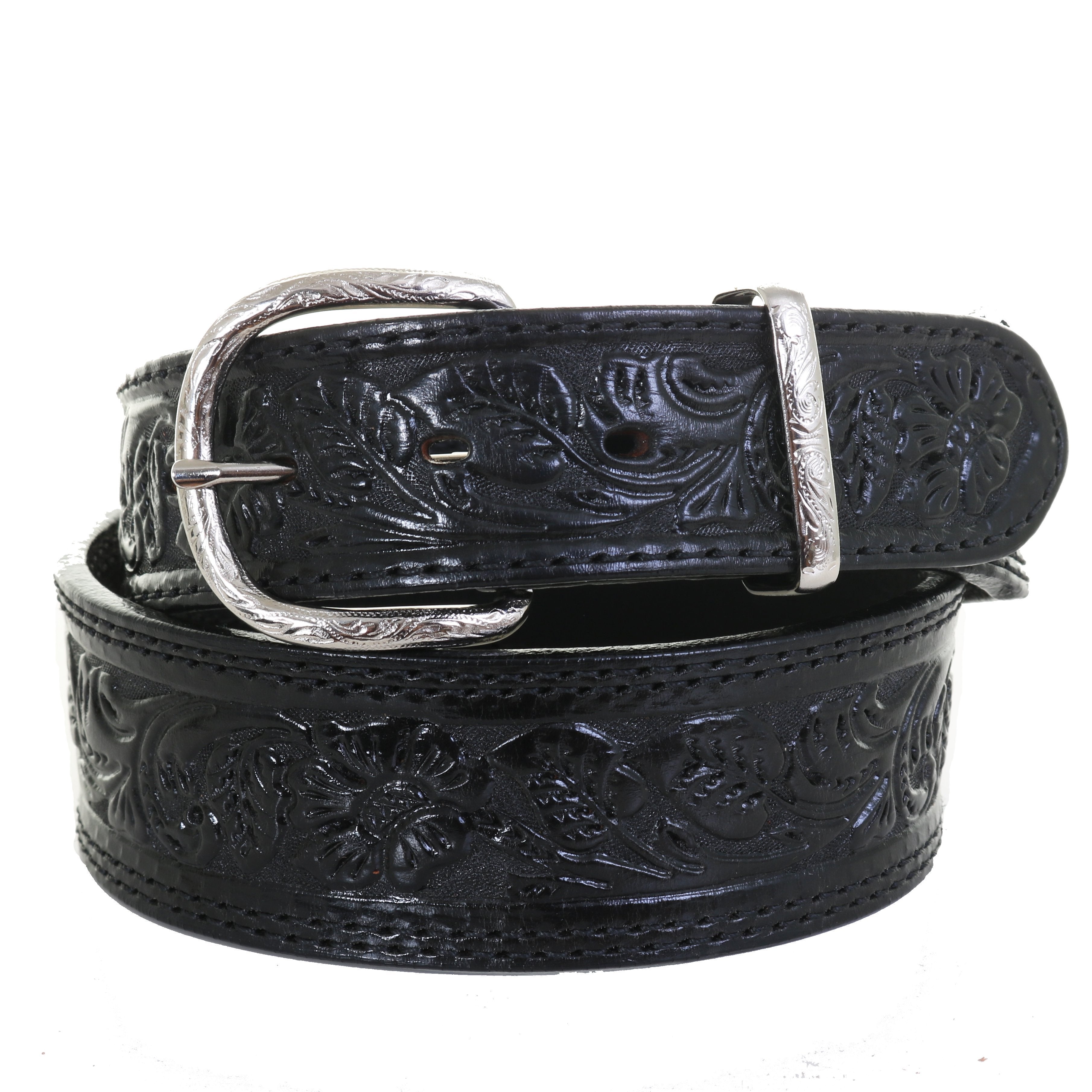 B125B - Black Floral Tooled Belt Belt