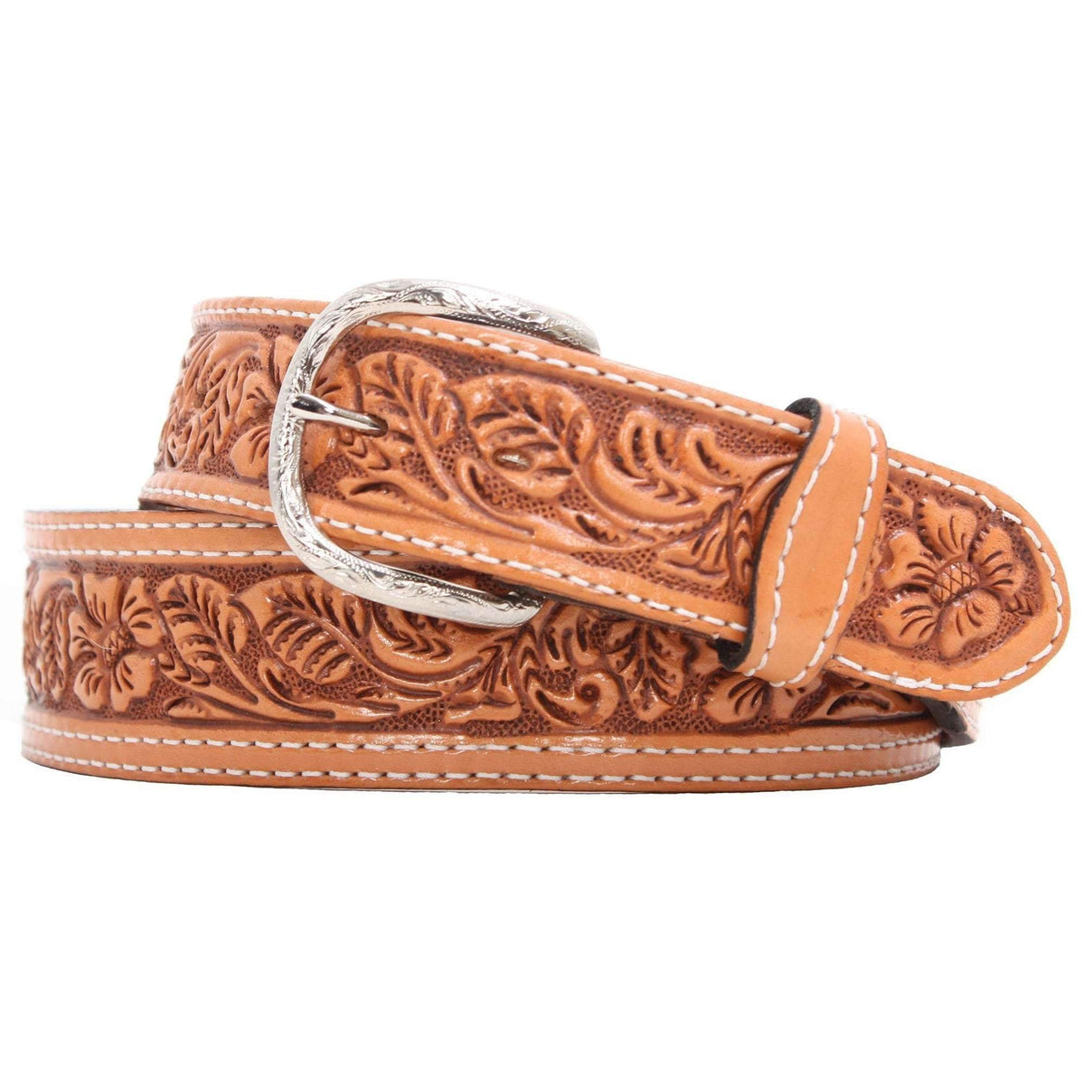 B125 - Natural Leather Tooled Belt Belt
