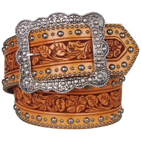 Clearance - Natural Floral Tooled Studded Belt B157