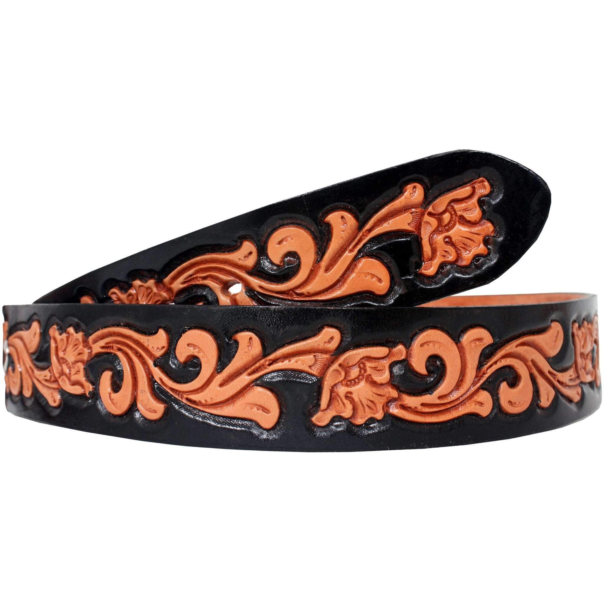 B164 - Floral Tooled Black Background Belt Belt