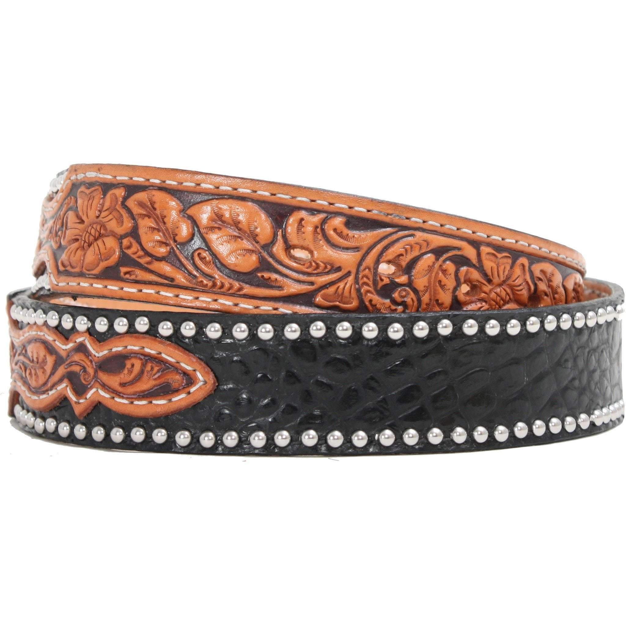 B198 - Black Gator Print And Floral Tooled Belt Belt
