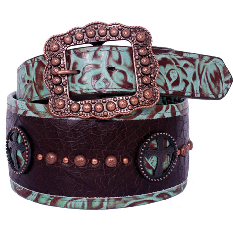Clearance - Brown Crackle And Floral Print 3 Piece Belt - B245 Clearance