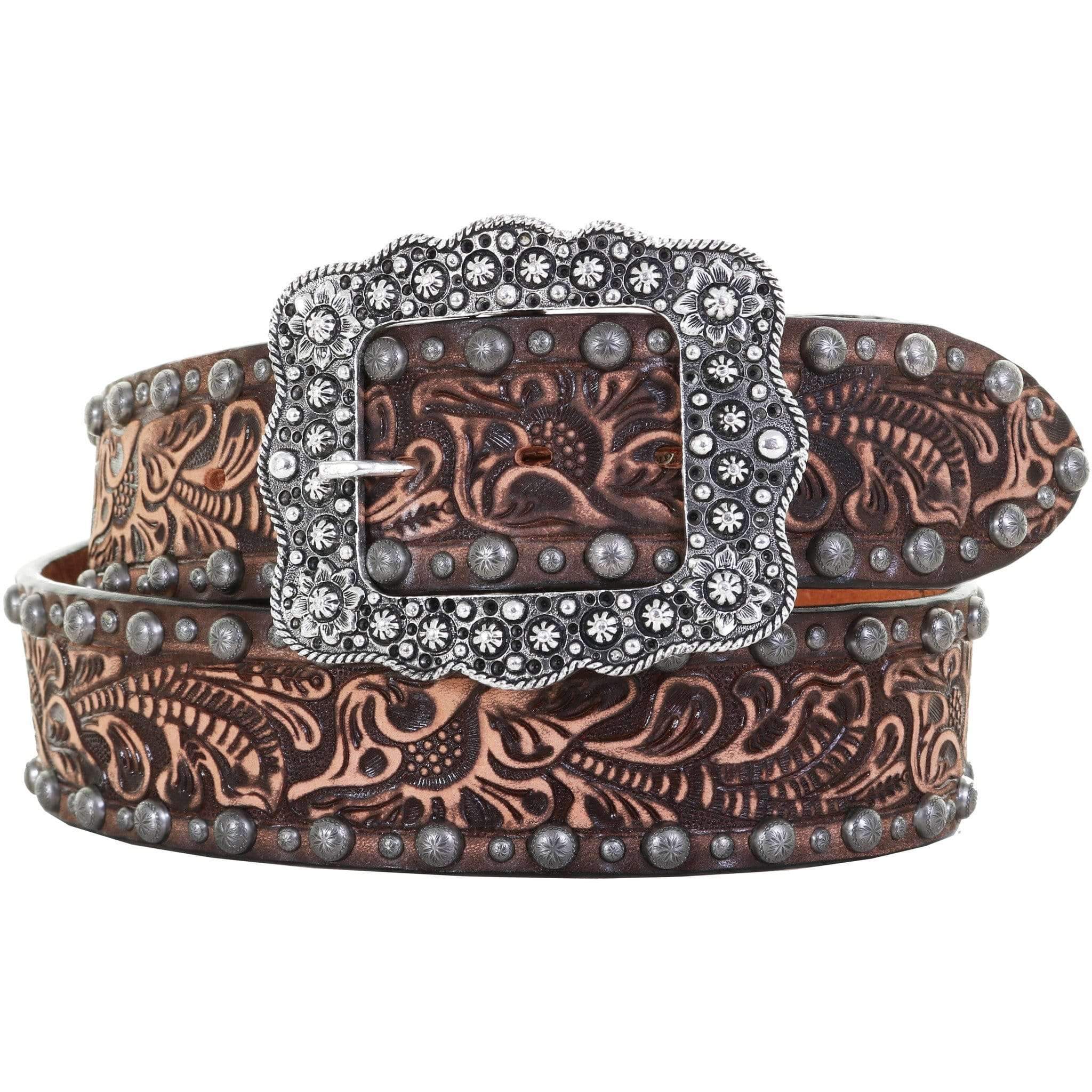 B299B - Brown Vintage Tooled Belt Belt