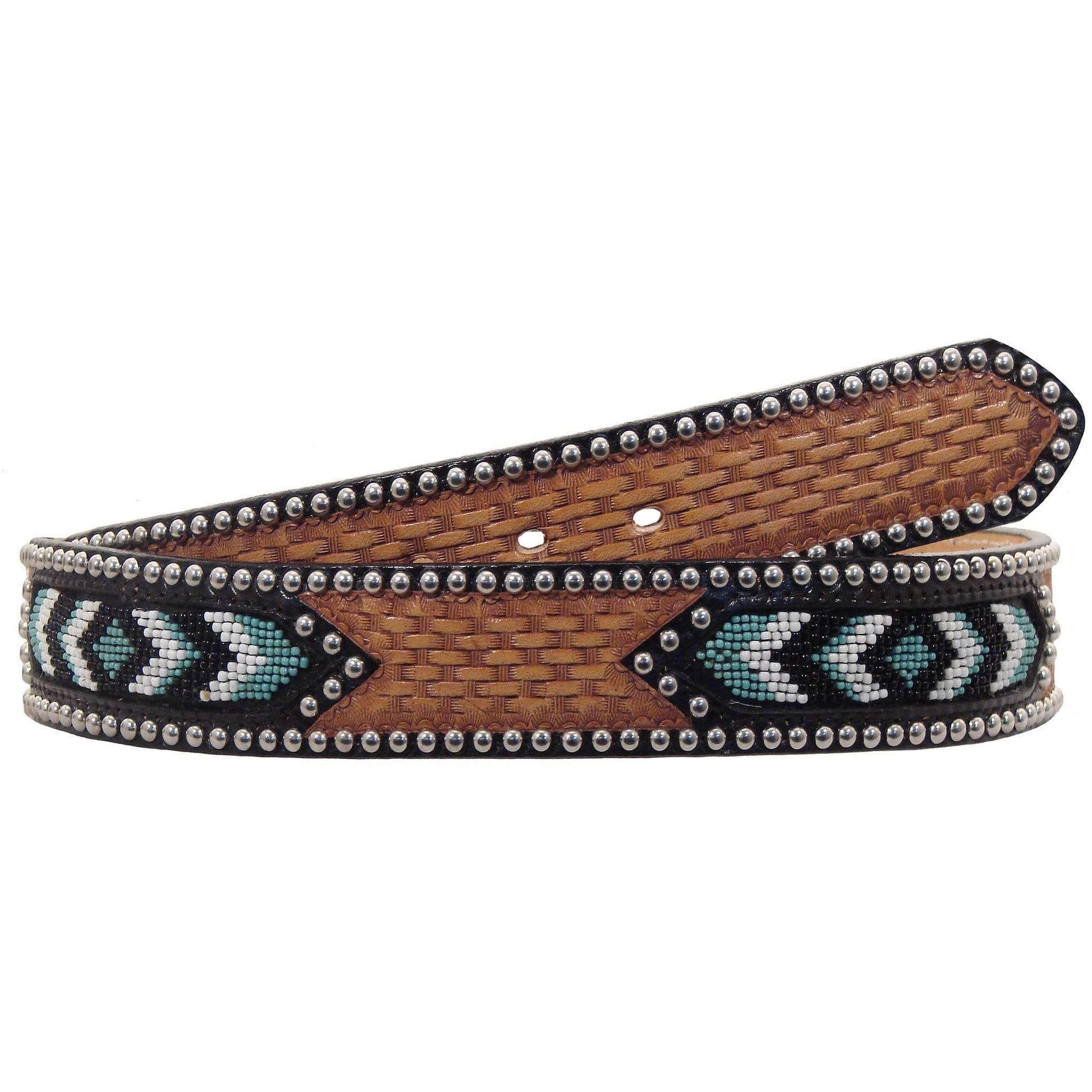 B312 - Natural Leather Tooled Beaded Belt Belt