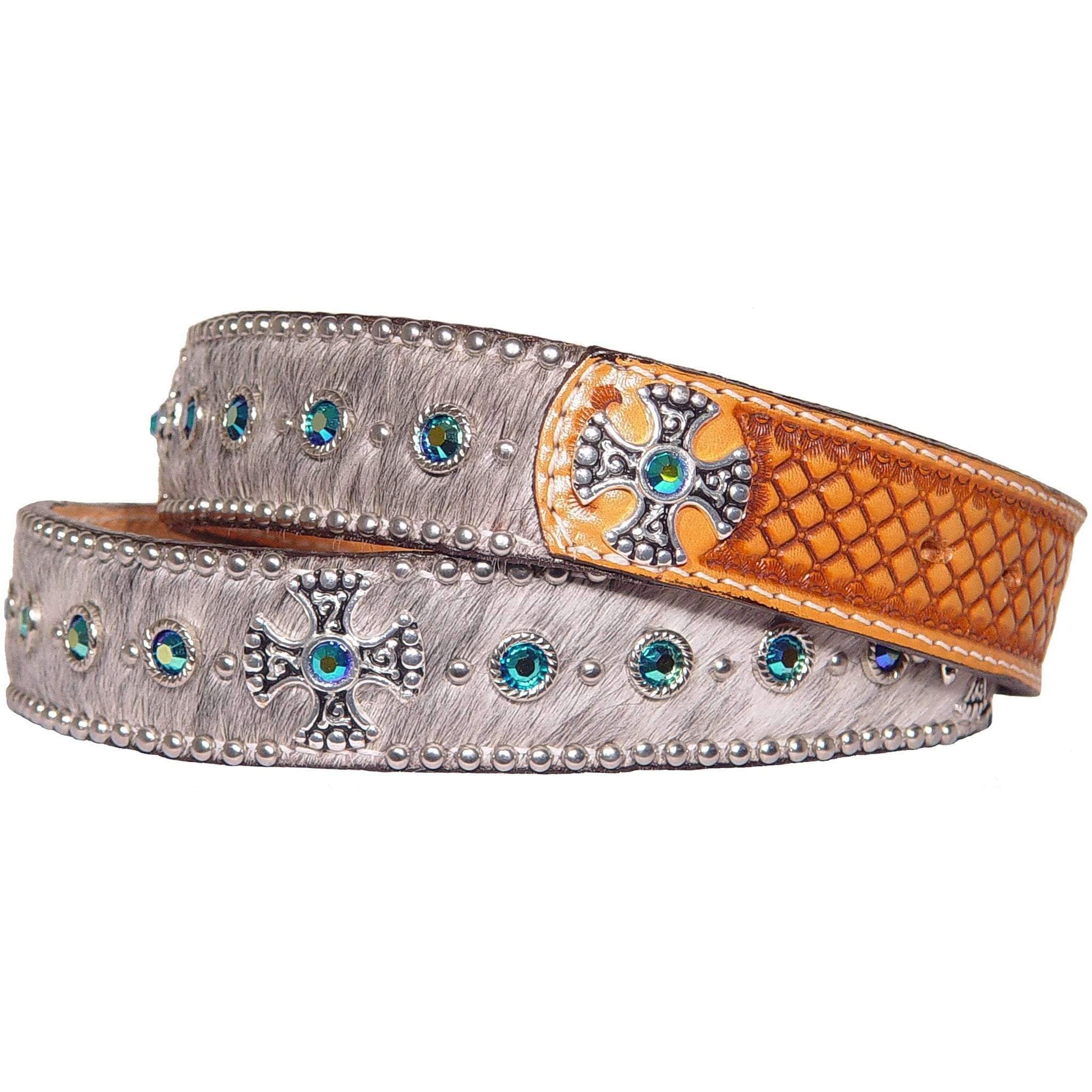 B321 - Roan Hair Crystaled Tooled Belt Belt